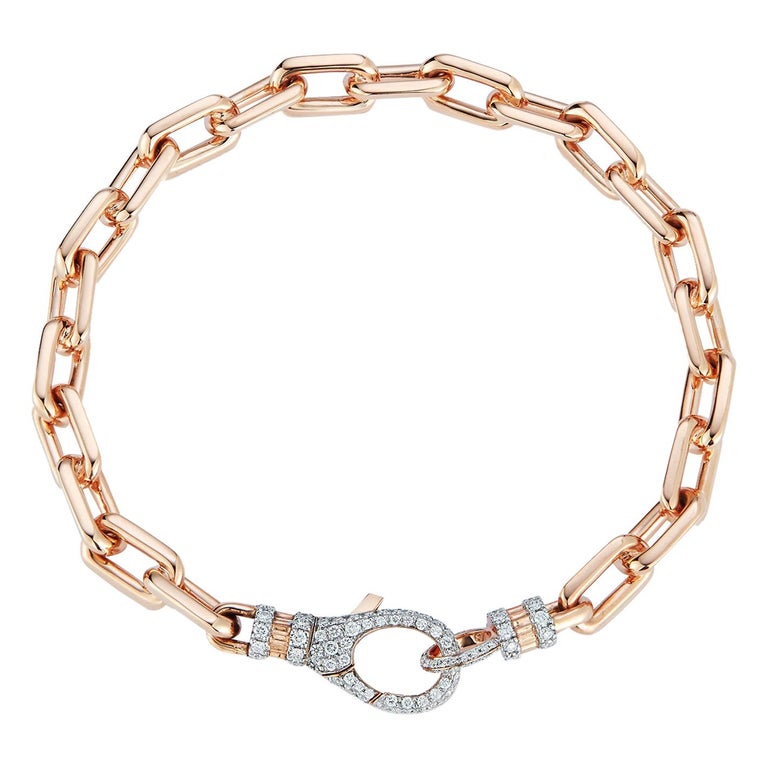 Walters Faith 18K Rose Gold Chain Link Bracelet with All Diamond Lobster Clasp For Sale