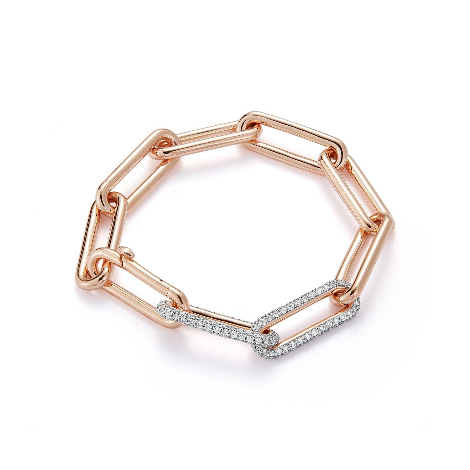 Walters Faith's Saxon Collection 18K Rose Gold Elongated Chain Link Bracelet with 2 White Rhodium Diamond Links. Available with black rhodium as well. Bracelet has 9 links and measures 6.5