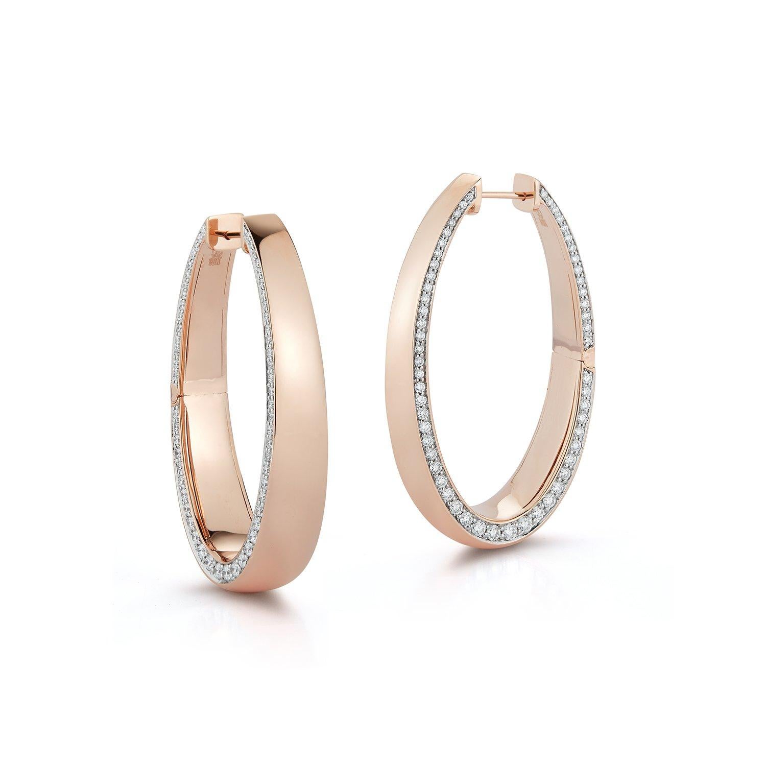 Walters Faith's Lytton Collection 18K Rose Gold Long Hoop with Diamond Edge. 2.902 Diamond Carat Weight. Front Tapers from 5mm to 9mm Wide. Can be custom made in 18K Yellow or White gold. Please contact us with any special requests or additional