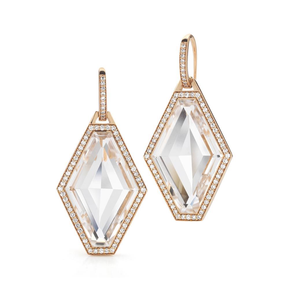 Brilliant Cut Walters Faith 18 Karat Rose Gold, Rock Crystal and Diamond Hexagon Earring For Sale