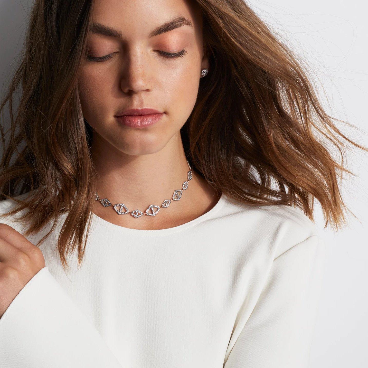 Walters Faith's Keynes collection 18K White Gold, White Diamond and Black Rhodium Signature Hexagon Element Rose Gold Chain Choker. Necklace comprised of small and medium size hexagon charms. 2.80 Diamond Carat Weight. Choker measures 16