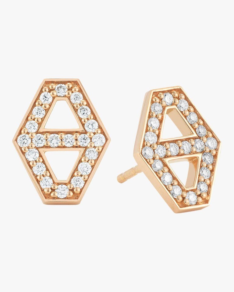 Walters Faith Medium Diamond Signature Hexagon Earrings in Rose Gold In New Condition For Sale In Boston, MA