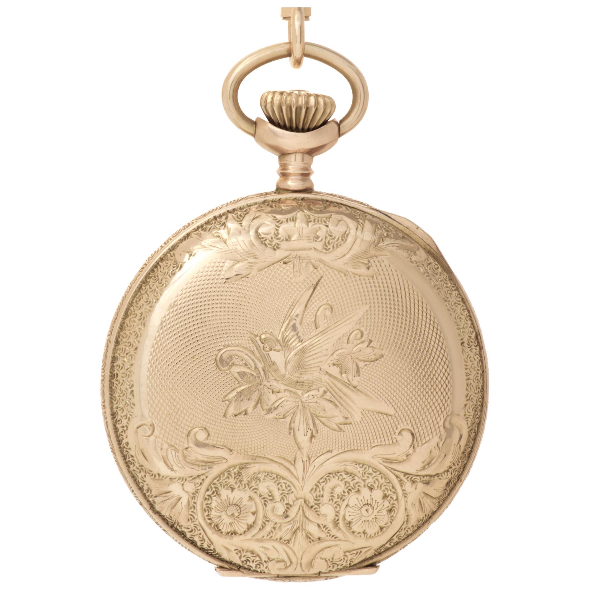 Waltham pocket watch in 10k yellow gold. Manual. Fine Pre-owned Waltham Watch. Certified preowned Dress Waltham pocket watch watch. This Waltham watch has a Round caseback and White Roman Numeral dial.  It is  Certified Authentic and comes backed by