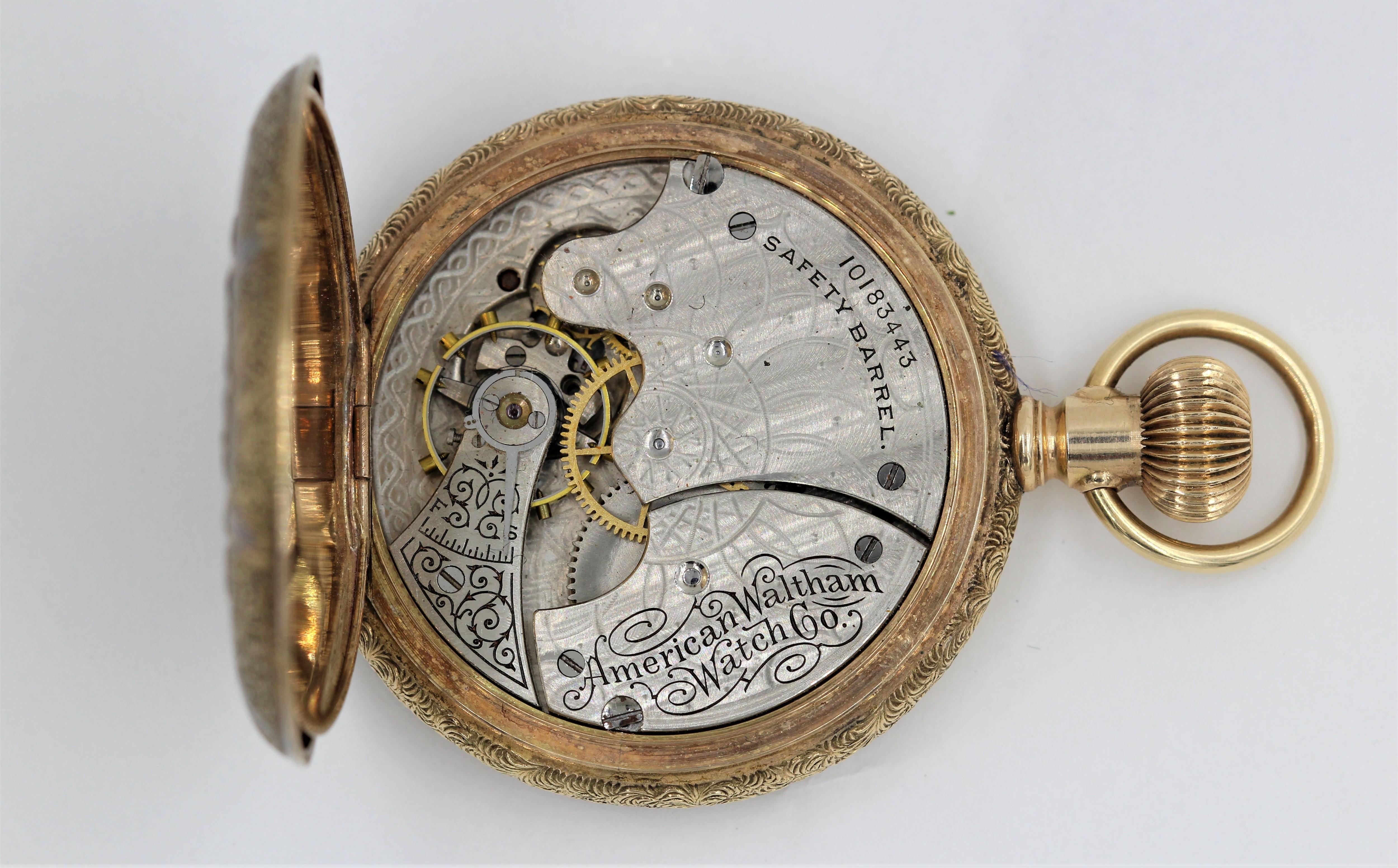 Waltham 14 Karat Yellow Gold Pocket Watch 15 Jewels
Beautiful Antique Waltham Pocket Watch.
White Dial Includes Black Hands & Dedicated Second Dial.
Black Roman Numerals.
15-Jewel Waltham Movement Serial #10183443.
14k yellow solid gold case.
Case