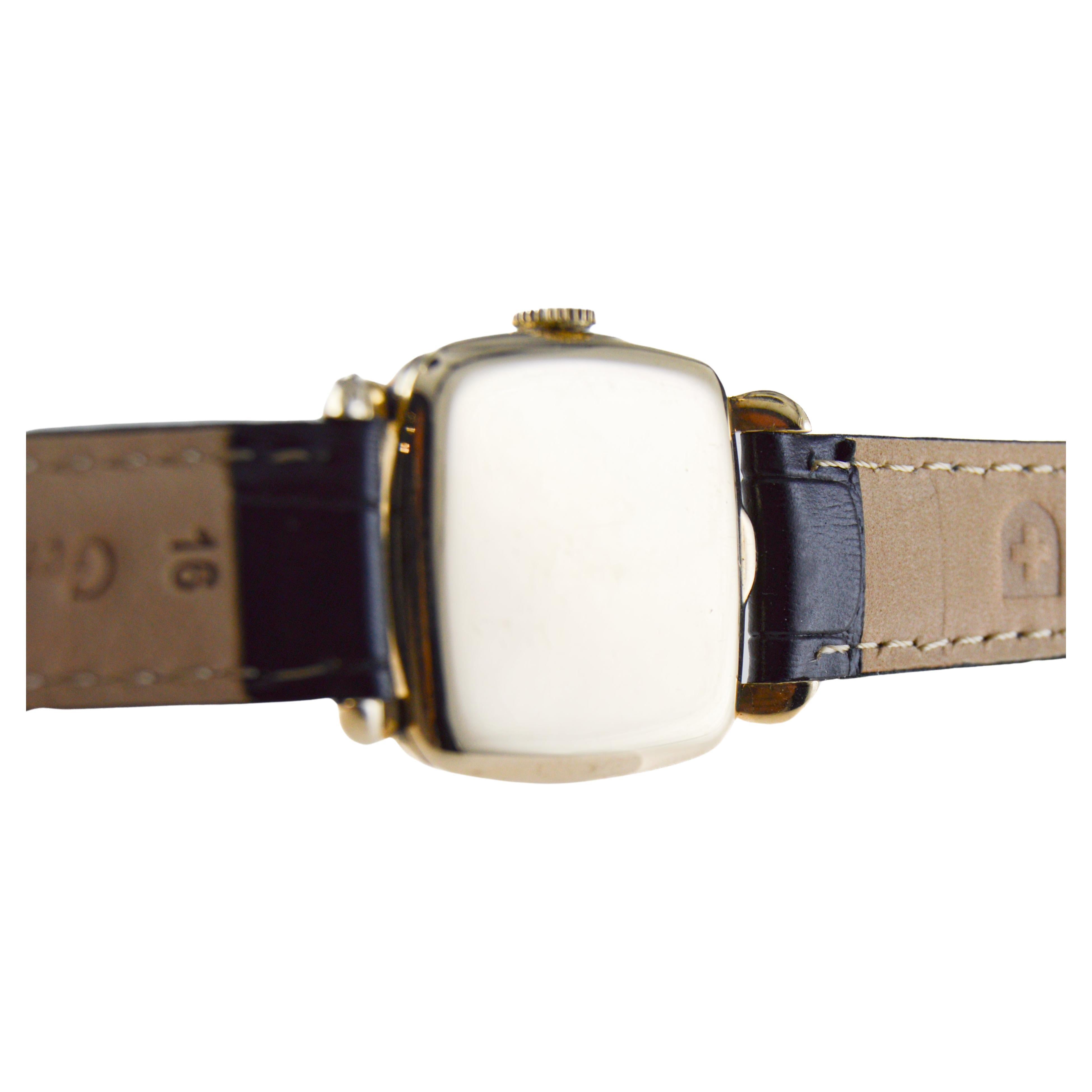 Waltham 14k Art Deco Cushion Shaped Watch with Original Rare Black Dial For Sale 3
