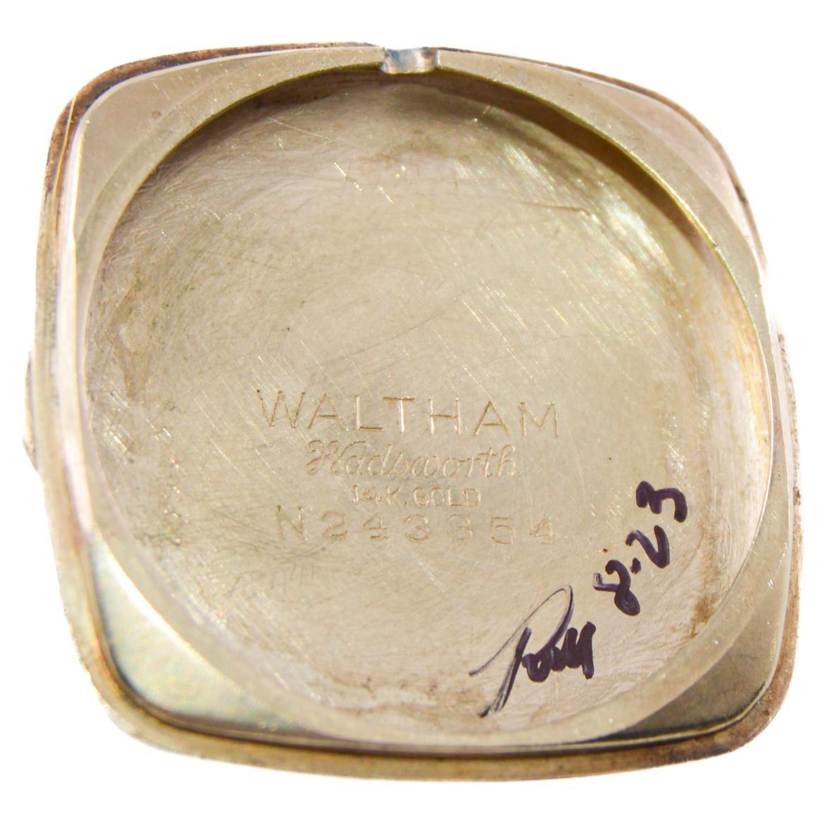 Waltham 14k Art Deco Cushion Shaped Watch with Original Rare Black Dial For Sale 4