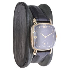 Waltham 14k Art Deco Cushion Shaped Watch with Original Rare Black Dial