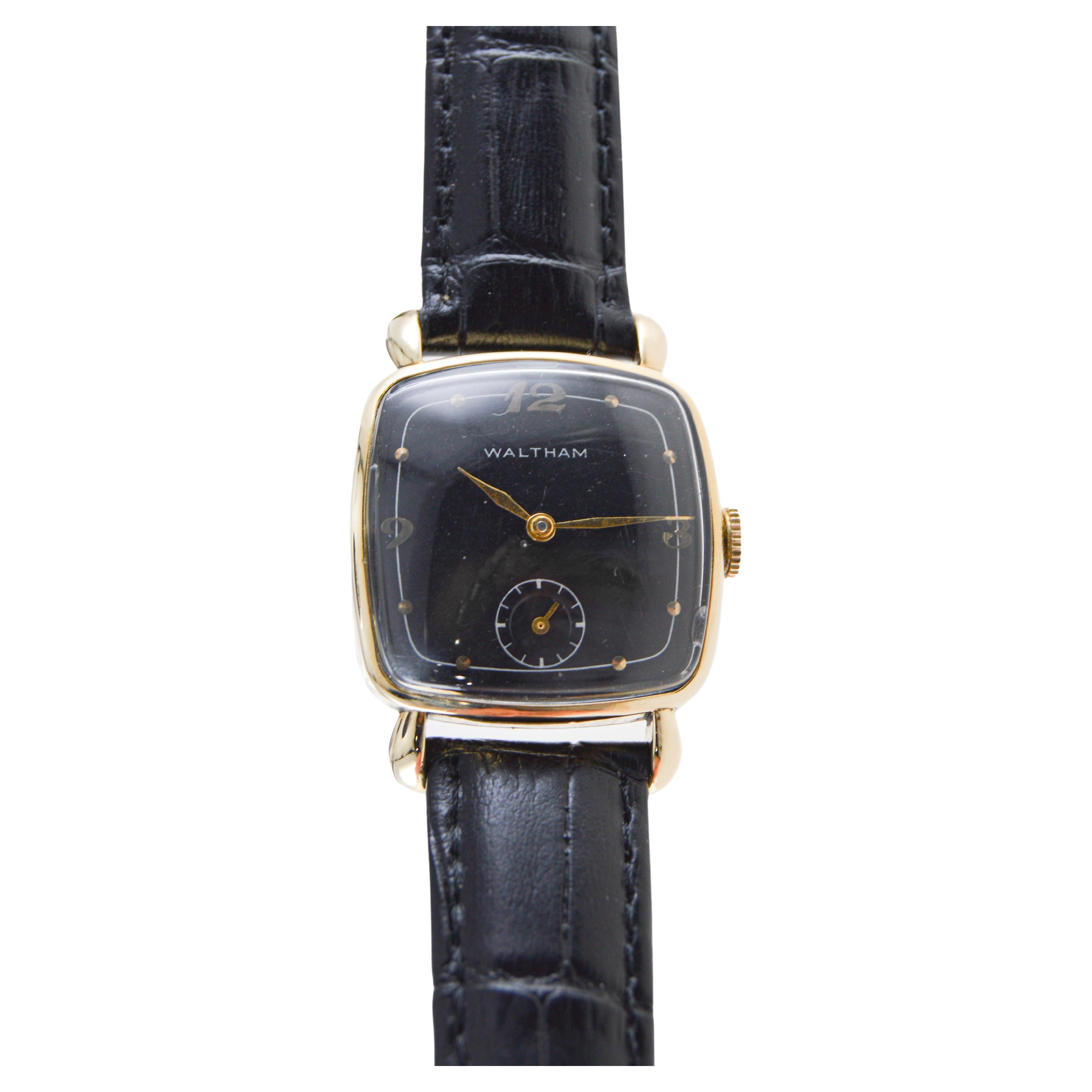 Women's or Men's Waltham 14k Art Deco Cushion Shaped Watch with Original Rare Black Dial For Sale