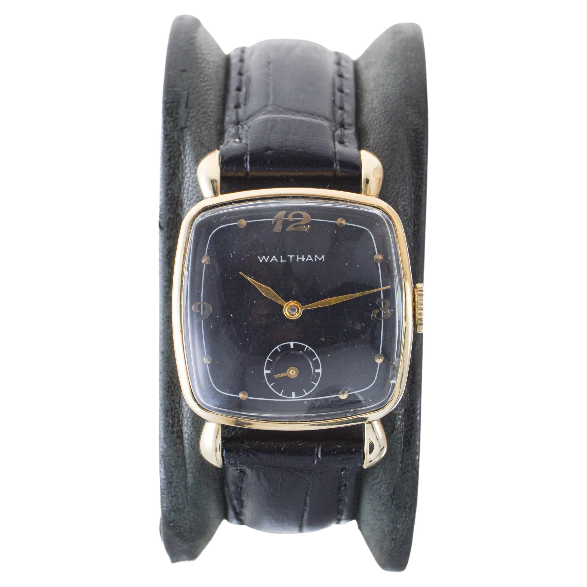 Waltham 14k Art Deco Cushion Shaped Watch with Original Rare Black Dial For Sale