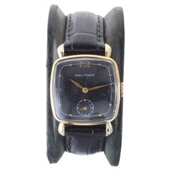 Vintage Waltham 14k Art Deco Cushion Shaped Watch with Original Rare Black Dial
