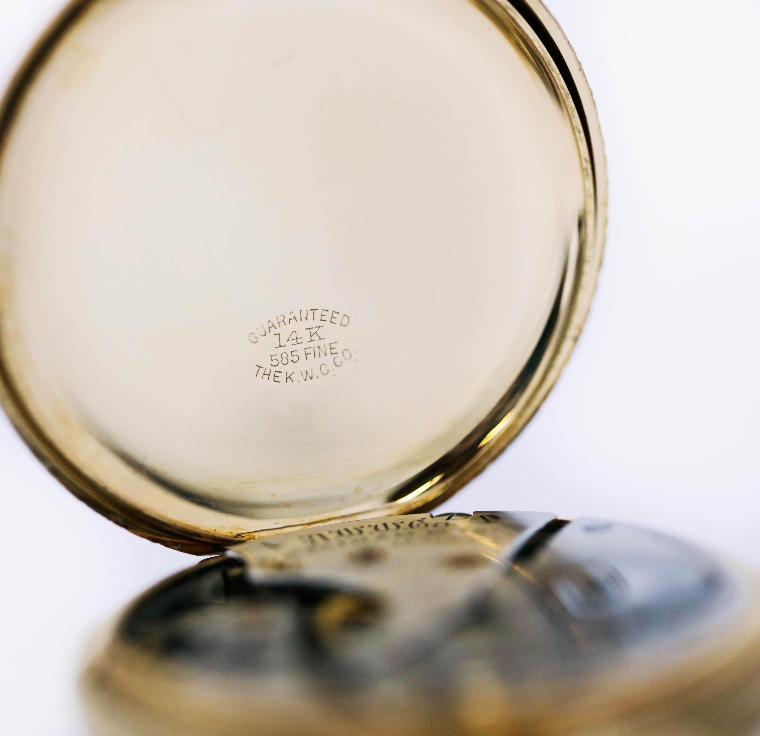 Waltham Montre de poche ancienne manuelle à 15 pierres en or 14 carats de qualité 620 en vente 3