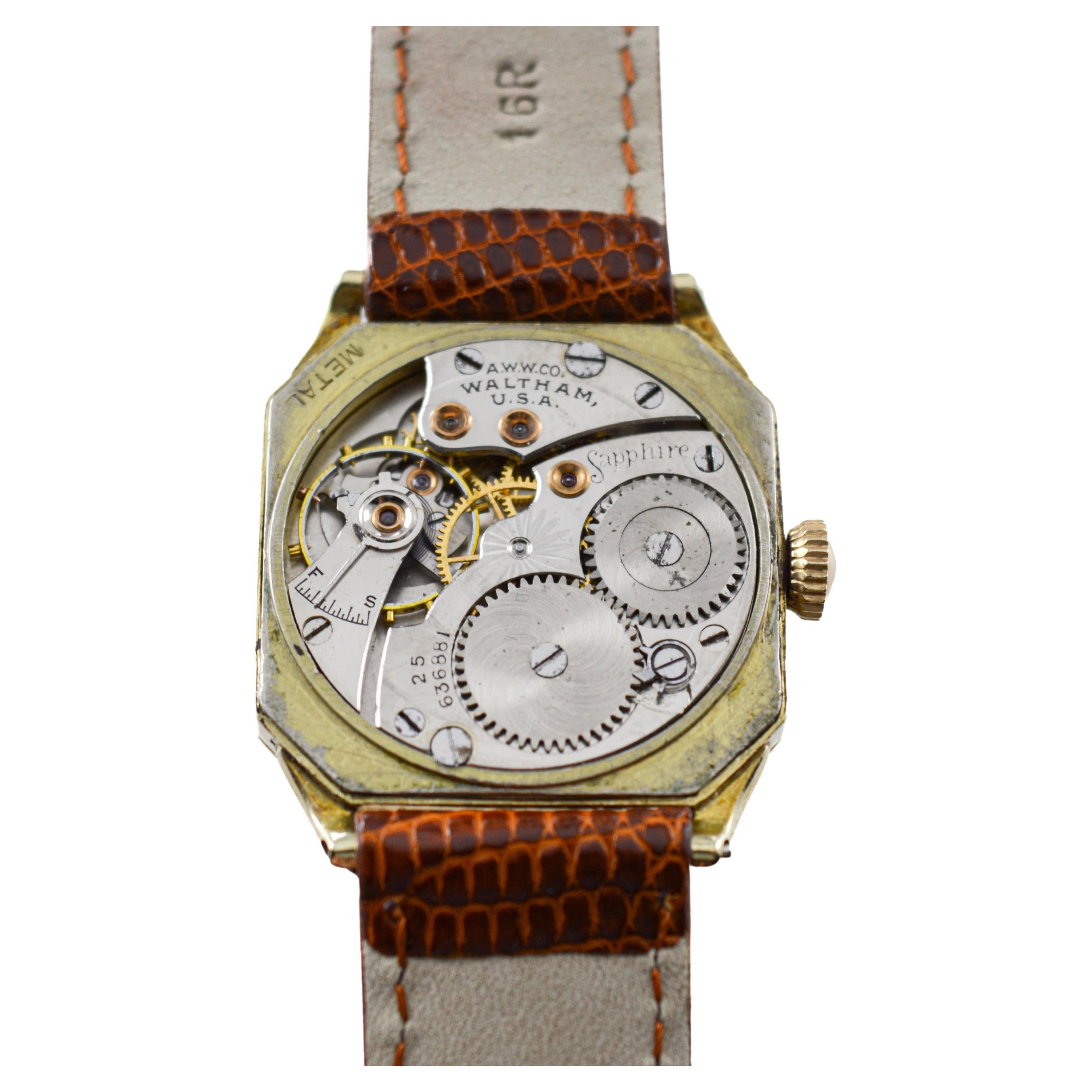 Waltham 14k Solid Yellow Gold American Art Deco Watch with Original Dial 1926 For Sale 9