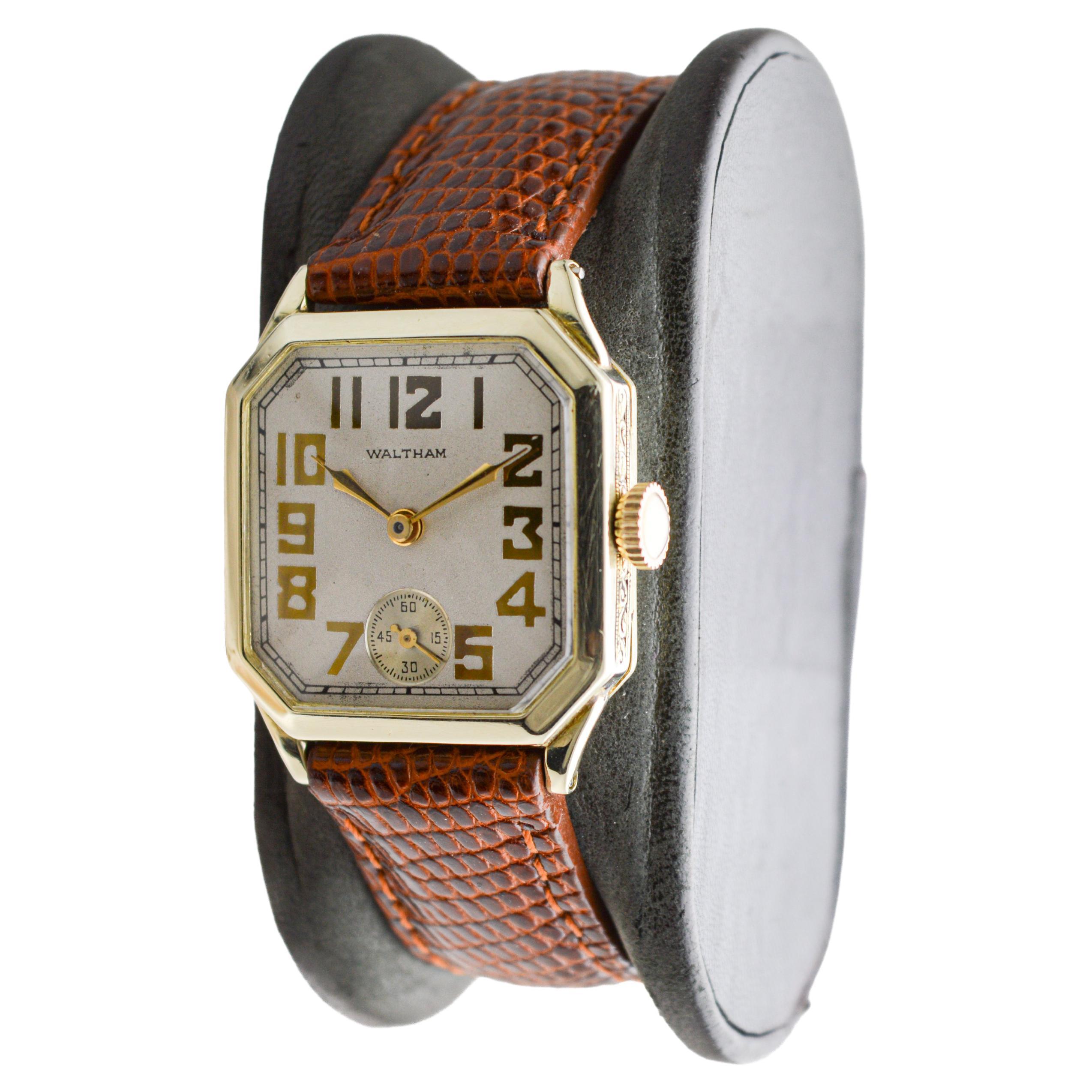 Waltham 14k Solid Yellow Gold American Art Deco Watch with Original Dial 1926 For Sale 1