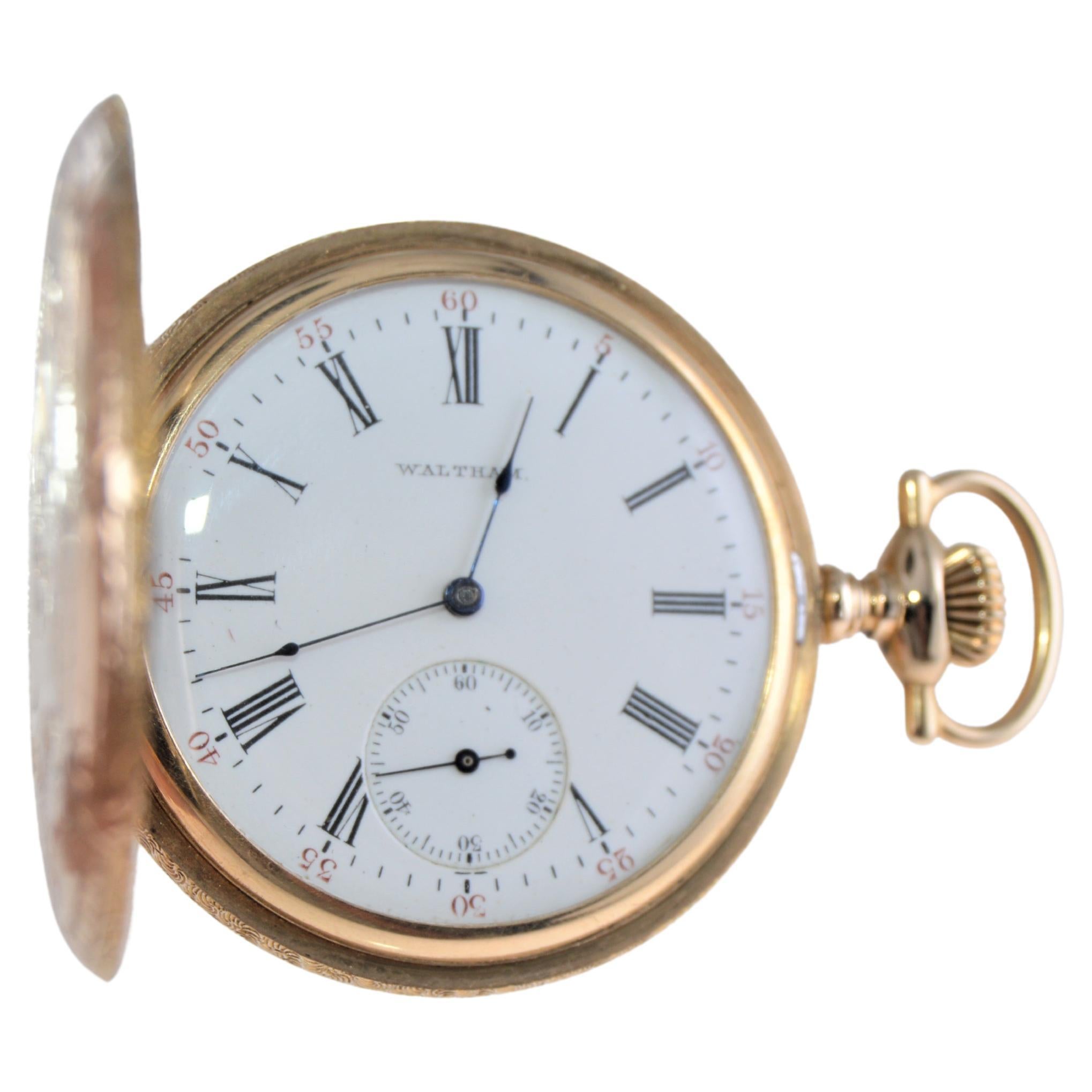 Waltham 14k Yellow Gold Hunters Cased Pocket Watch Circa 1900 Hand Engraved For Sale 4