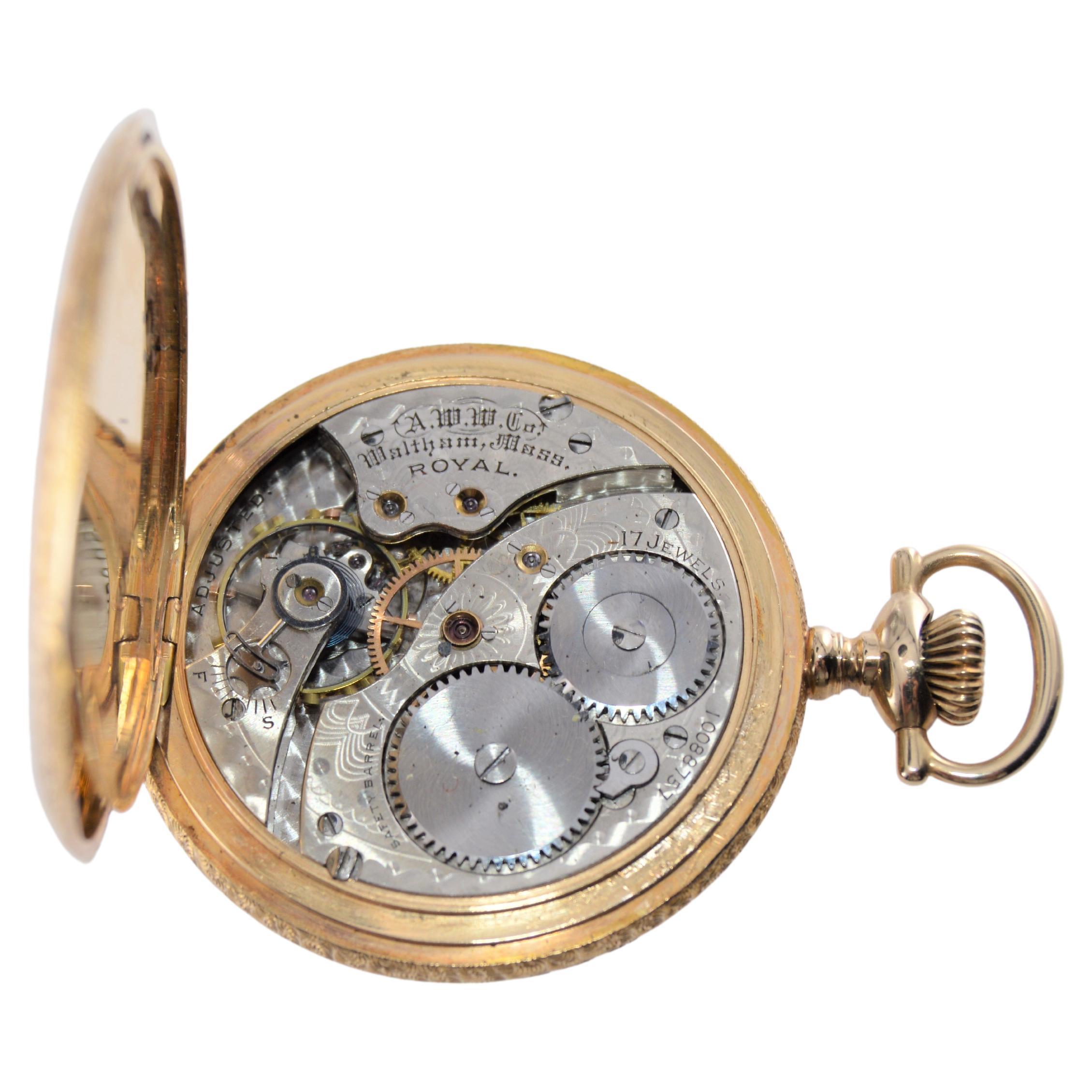 Waltham 14k Yellow Gold Hunters Cased Pocket Watch Circa 1900 Hand Engraved For Sale 6