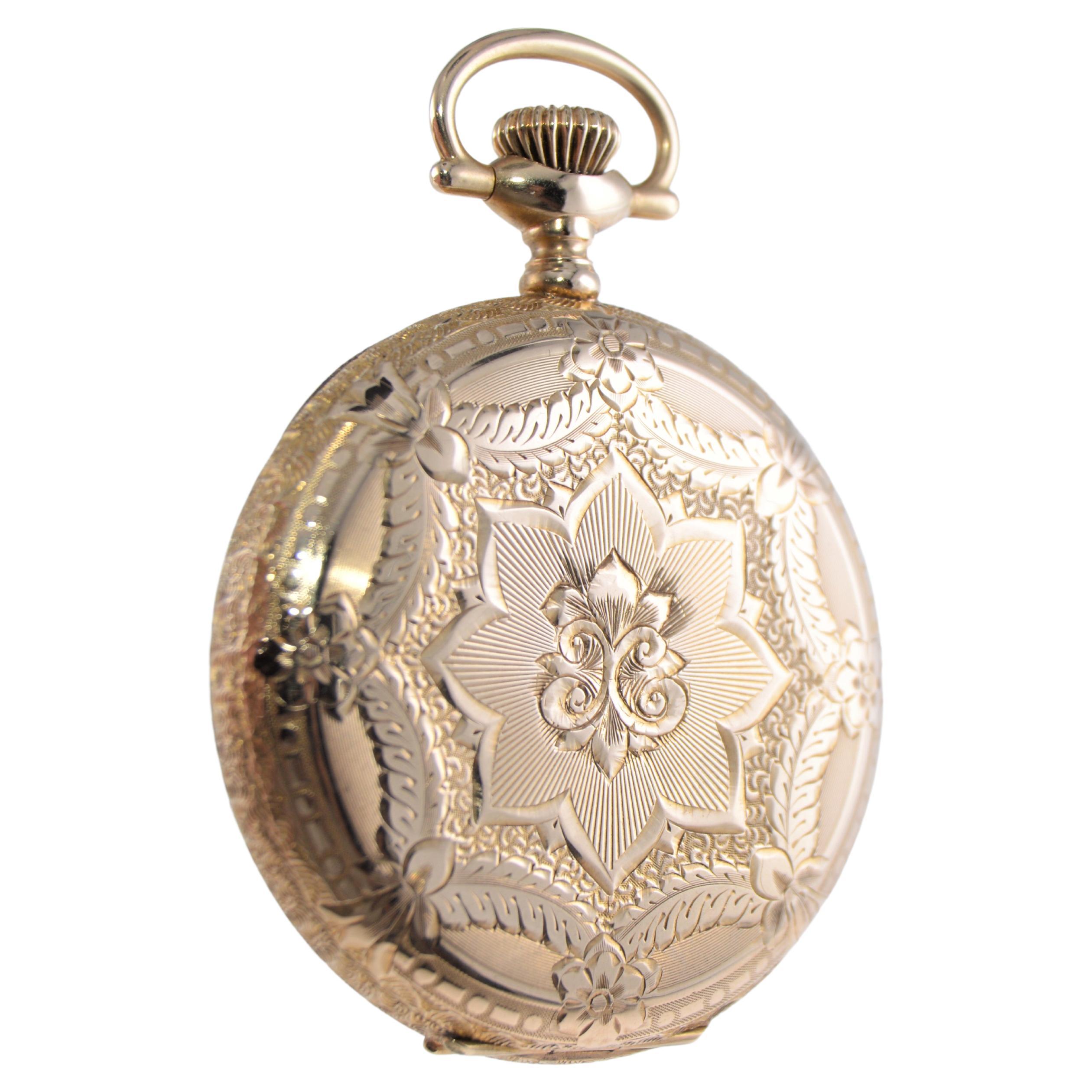 Art Nouveau Waltham 14k Yellow Gold Hunters Cased Pocket Watch Circa 1900 Hand Engraved For Sale