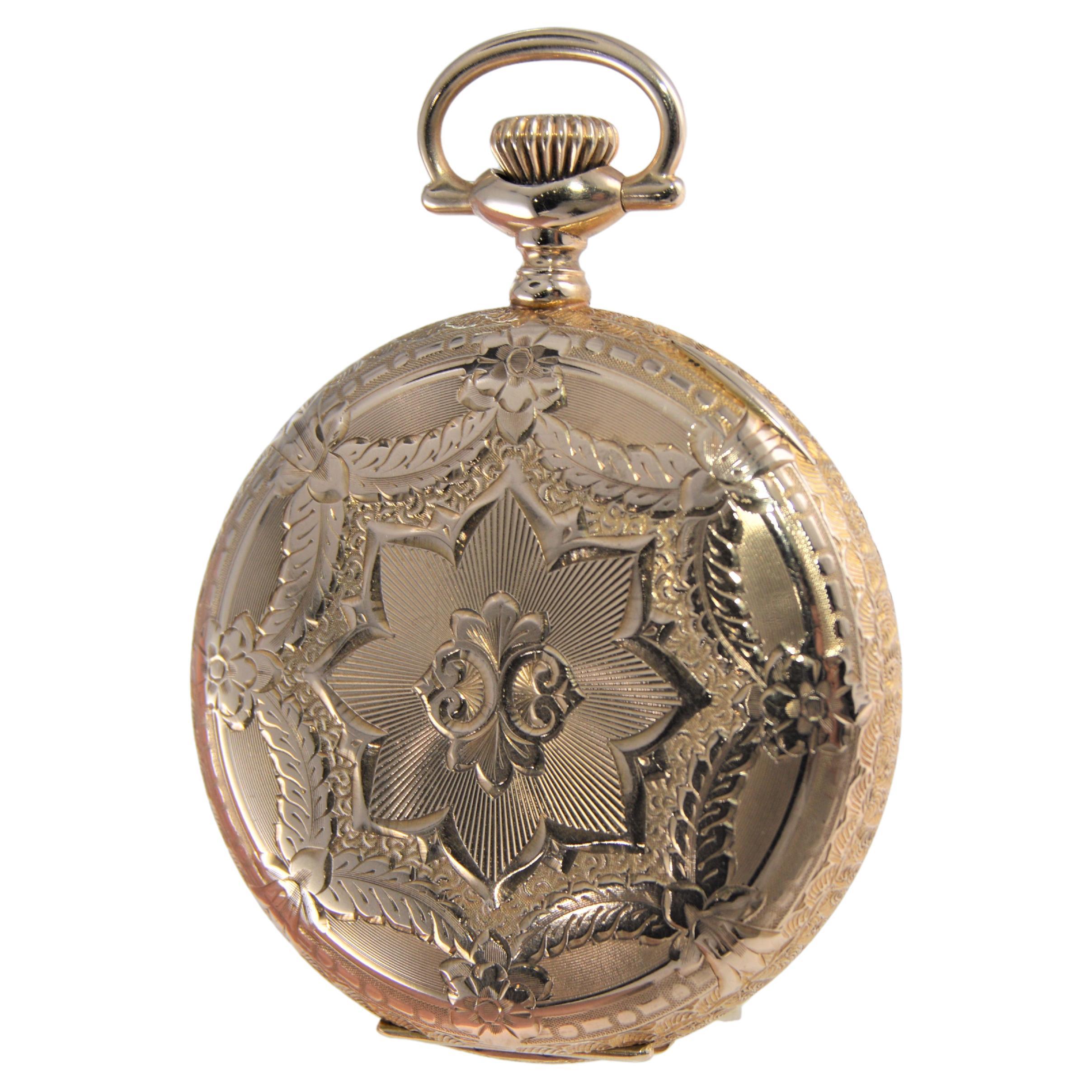 Waltham 14k Yellow Gold Hunters Cased Pocket Watch Circa 1900 Hand Engraved In Excellent Condition For Sale In Long Beach, CA