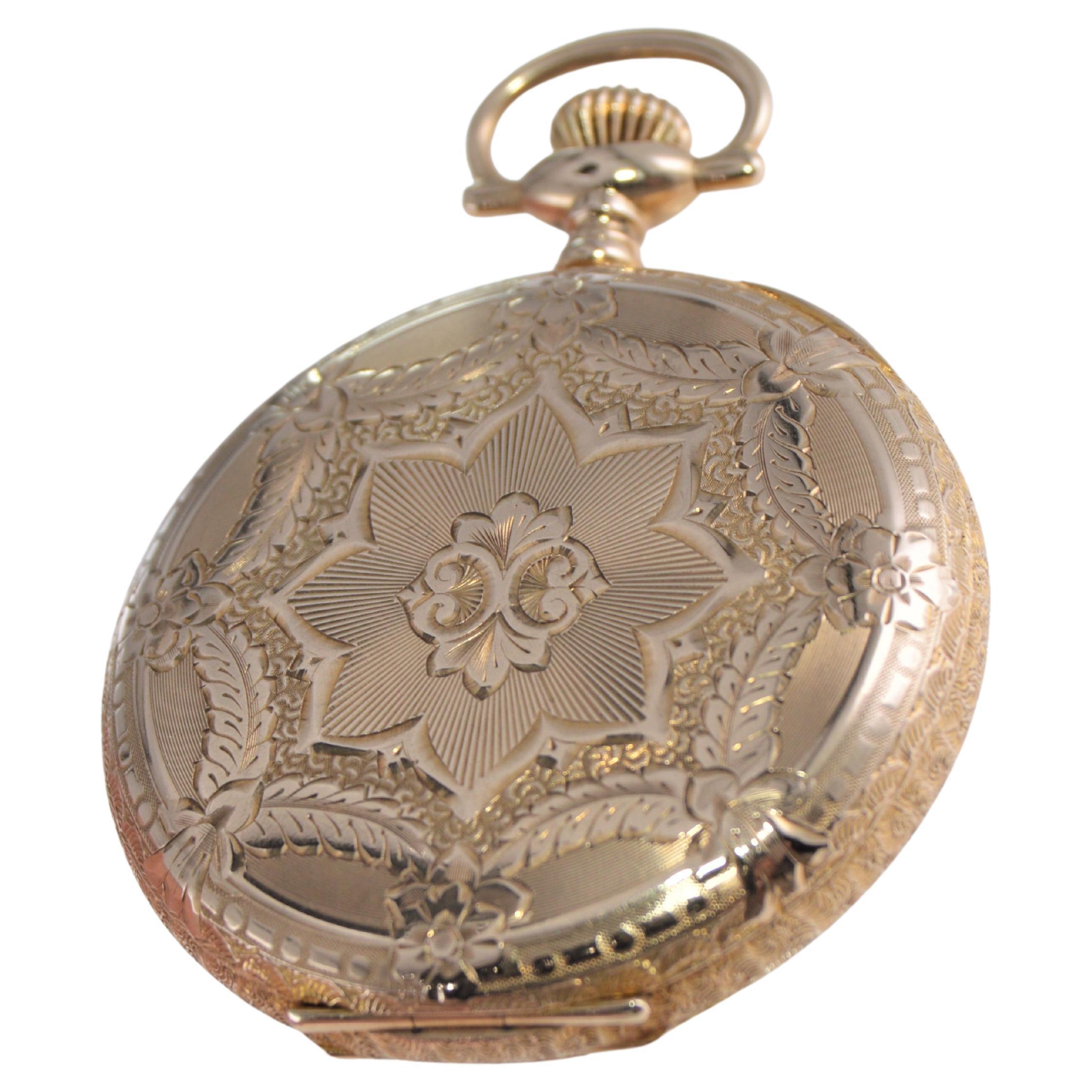 Waltham 14k Yellow Gold Hunters Cased Pocket Watch Circa 1900 Hand Engraved For Sale 1