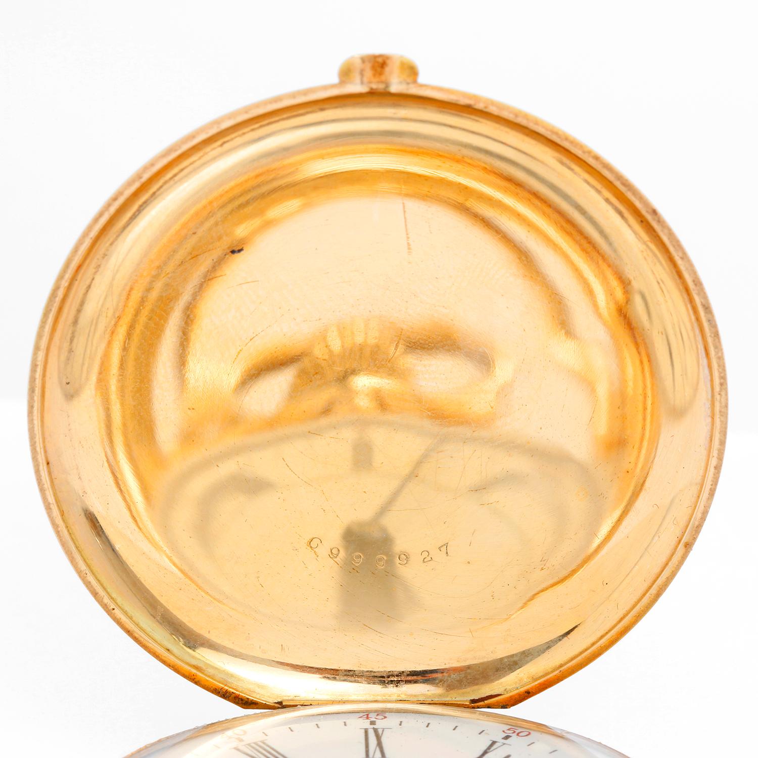 Waltham 14K Yellow Gold Pocket Watch - Manual winding; 21 Jewels crescent street. 14K Solid Yellow Gold (49 mm); Ornate monogram on case back . White dial with Roman numerals with sunken sub second dial. Pre-owned with custom box. Circa 1900's . 