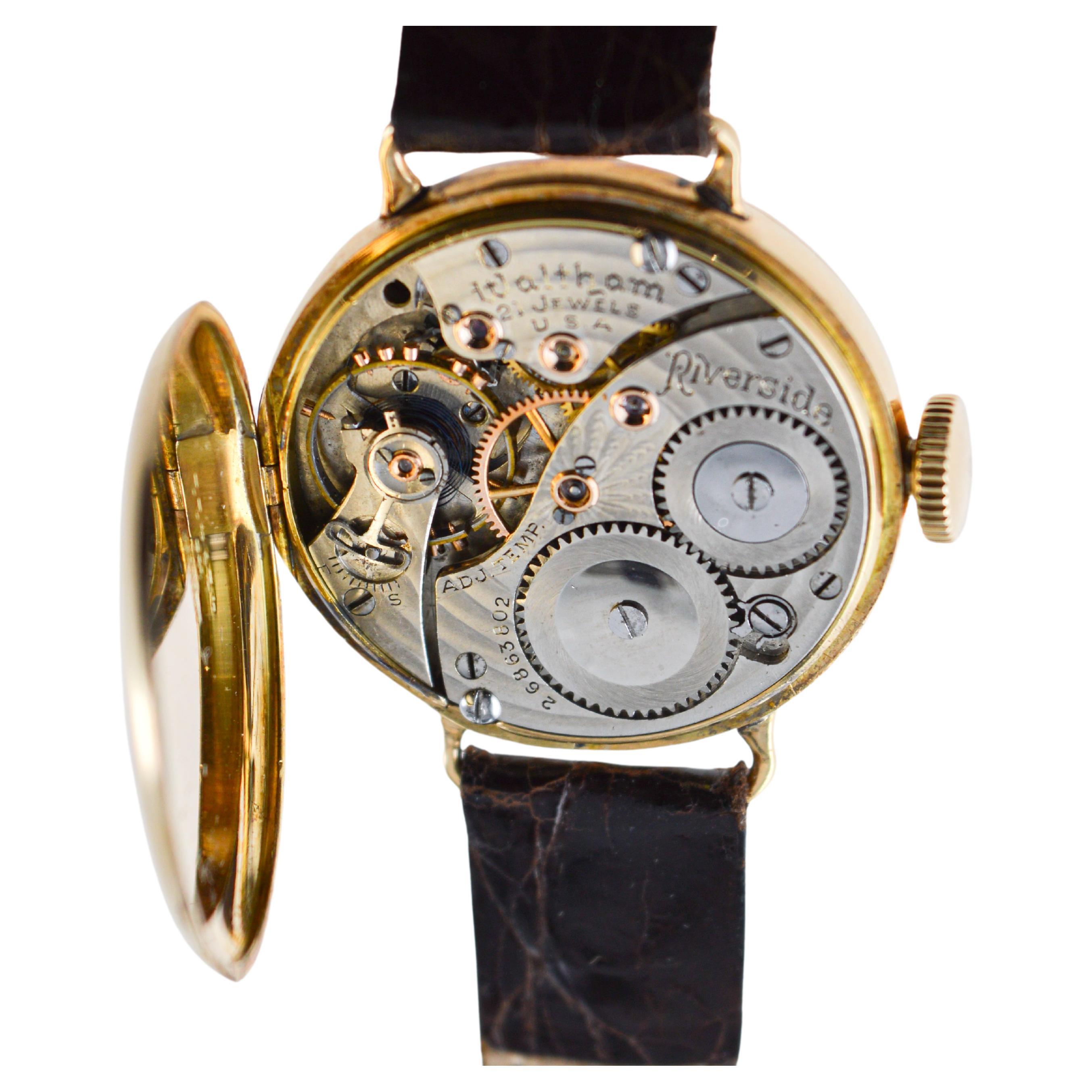 Waltham 14Kt. Gold Campaign Style Watch from 1915 with Original Enamel Dial 1929 For Sale 8