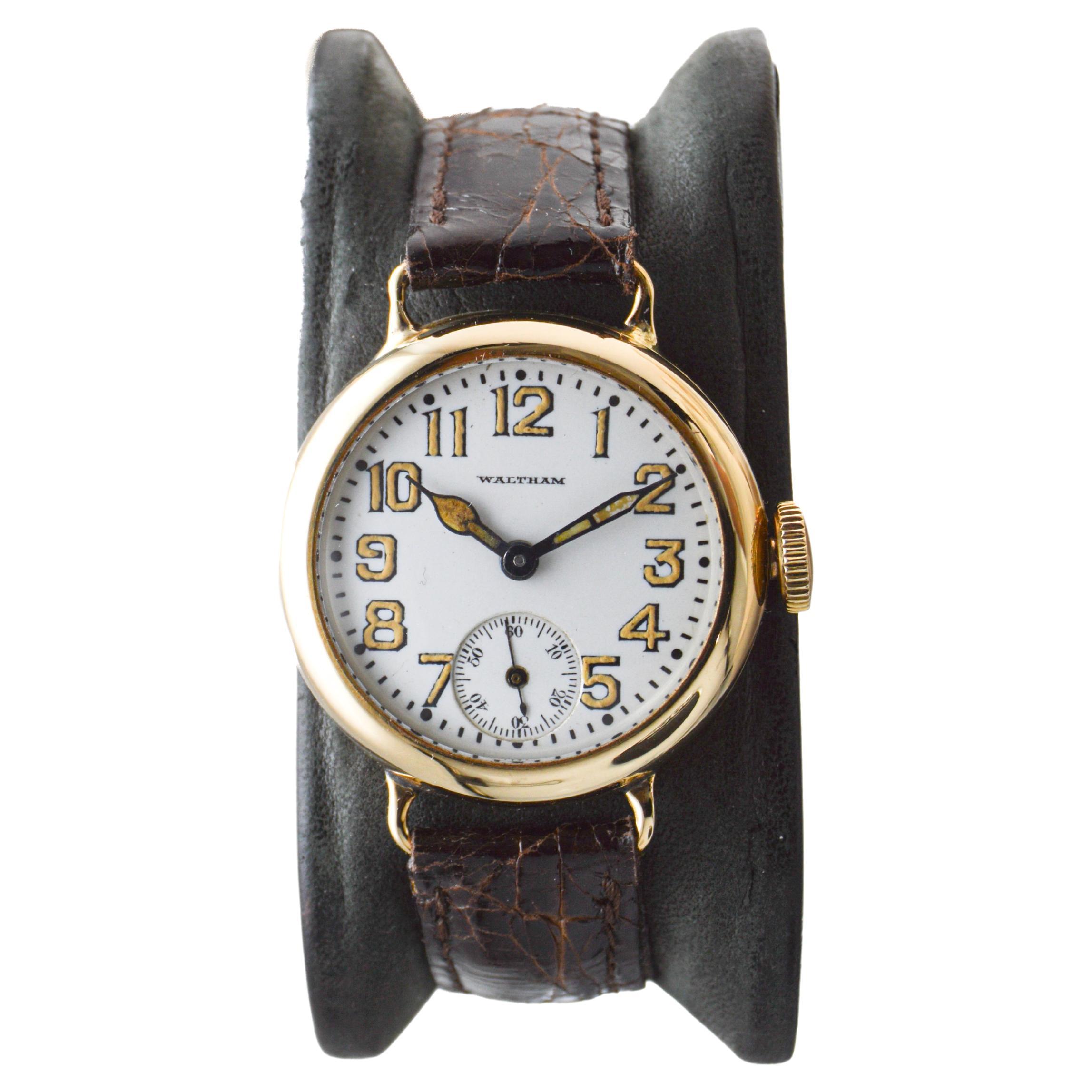 Art Deco Waltham 14Kt. Gold Campaign Style Watch from 1915 with Original Enamel Dial 1929 For Sale