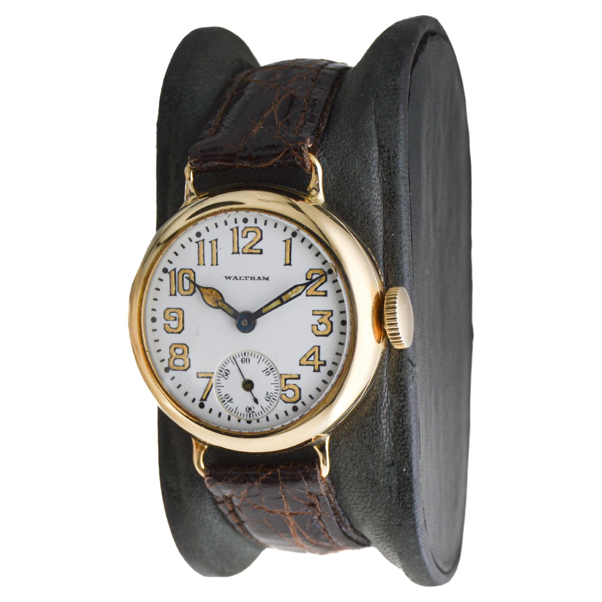 Waltham 14Kt. Gold Campaign Style Watch from 1915 with Original Enamel Dial 1929 In Excellent Condition For Sale In Long Beach, CA