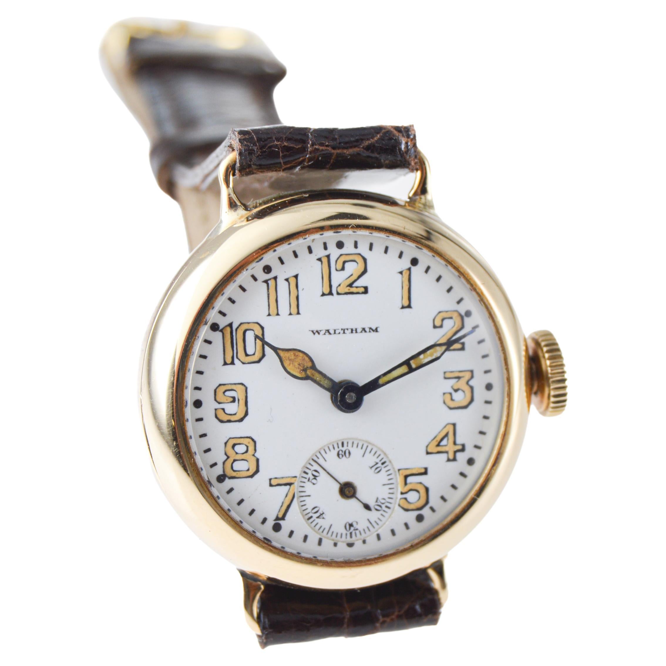 Waltham 14Kt. Gold Campaign Style Watch from 1915 with Original Enamel Dial 1929 For Sale 1
