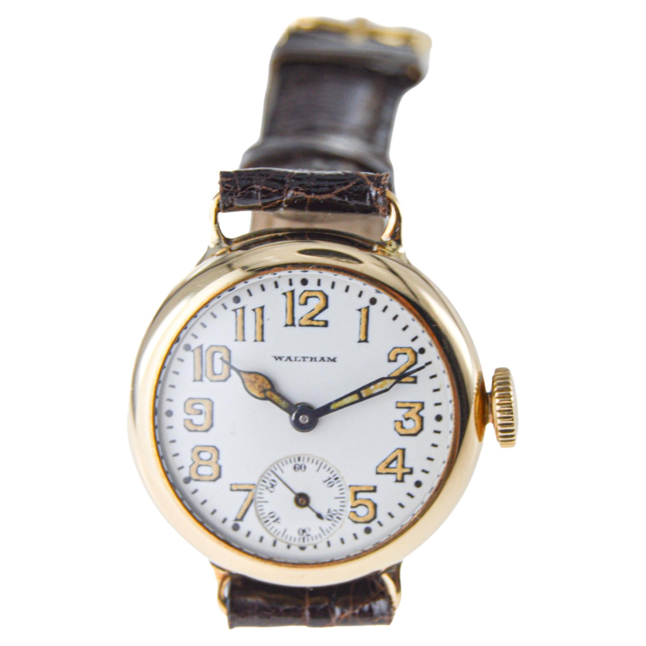 Waltham 14Kt. Gold Campaign Style Watch from 1915 with Original Enamel Dial 1929 For Sale 2