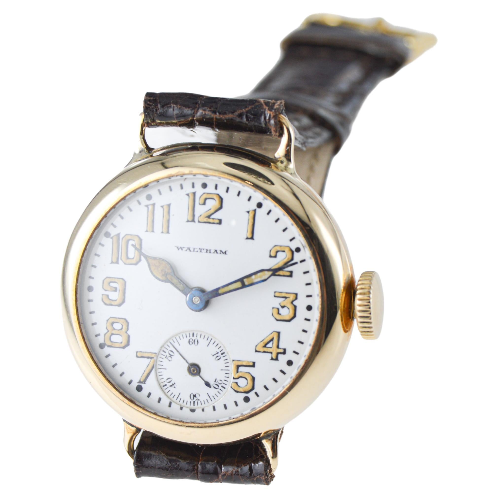 Waltham 14Kt. Gold Campaign Style Watch from 1915 with Original Enamel Dial 1929 For Sale 3