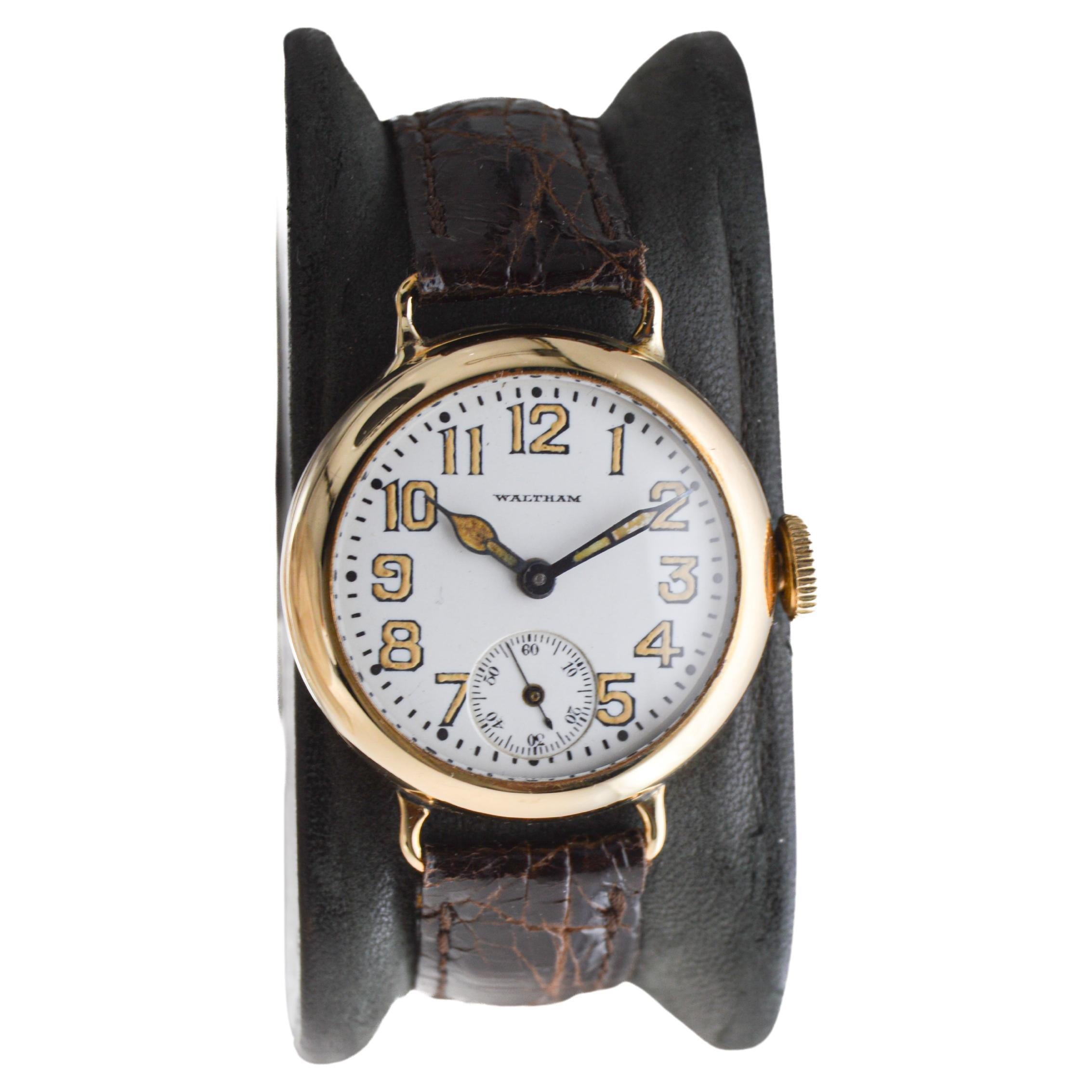 Waltham 14Kt. Gold Campaign Style Watch from 1915 with Original Enamel Dial 1929