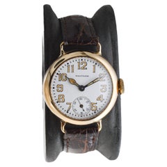 Waltham 14Kt. Gold Campaign Style Watch from 1915 with Original Enamel Dial 