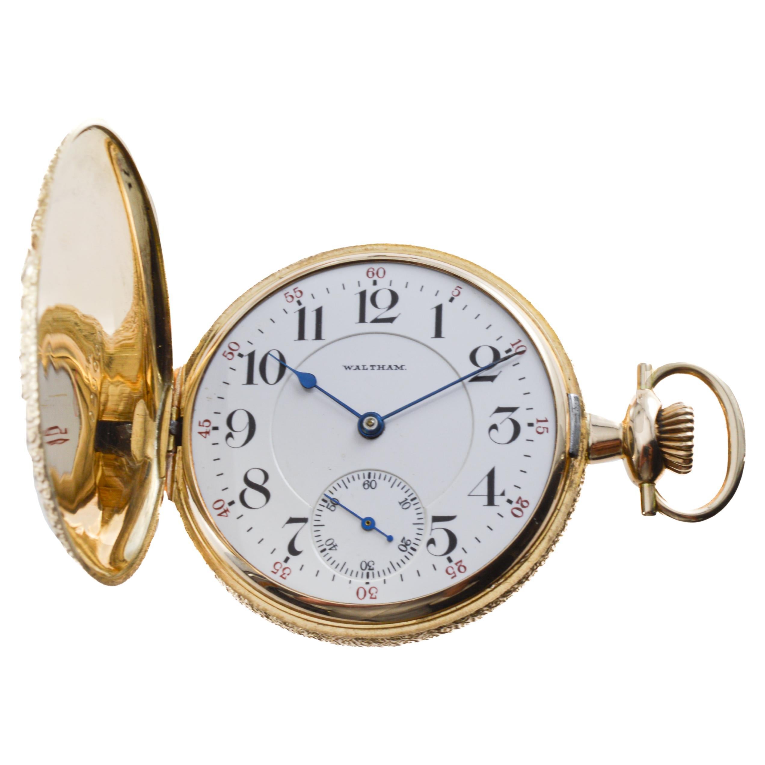 Art Déco Orologio da tasca Waltham 14Kt Multi Colored 16 Size Hunters Case del 1907 in vendita