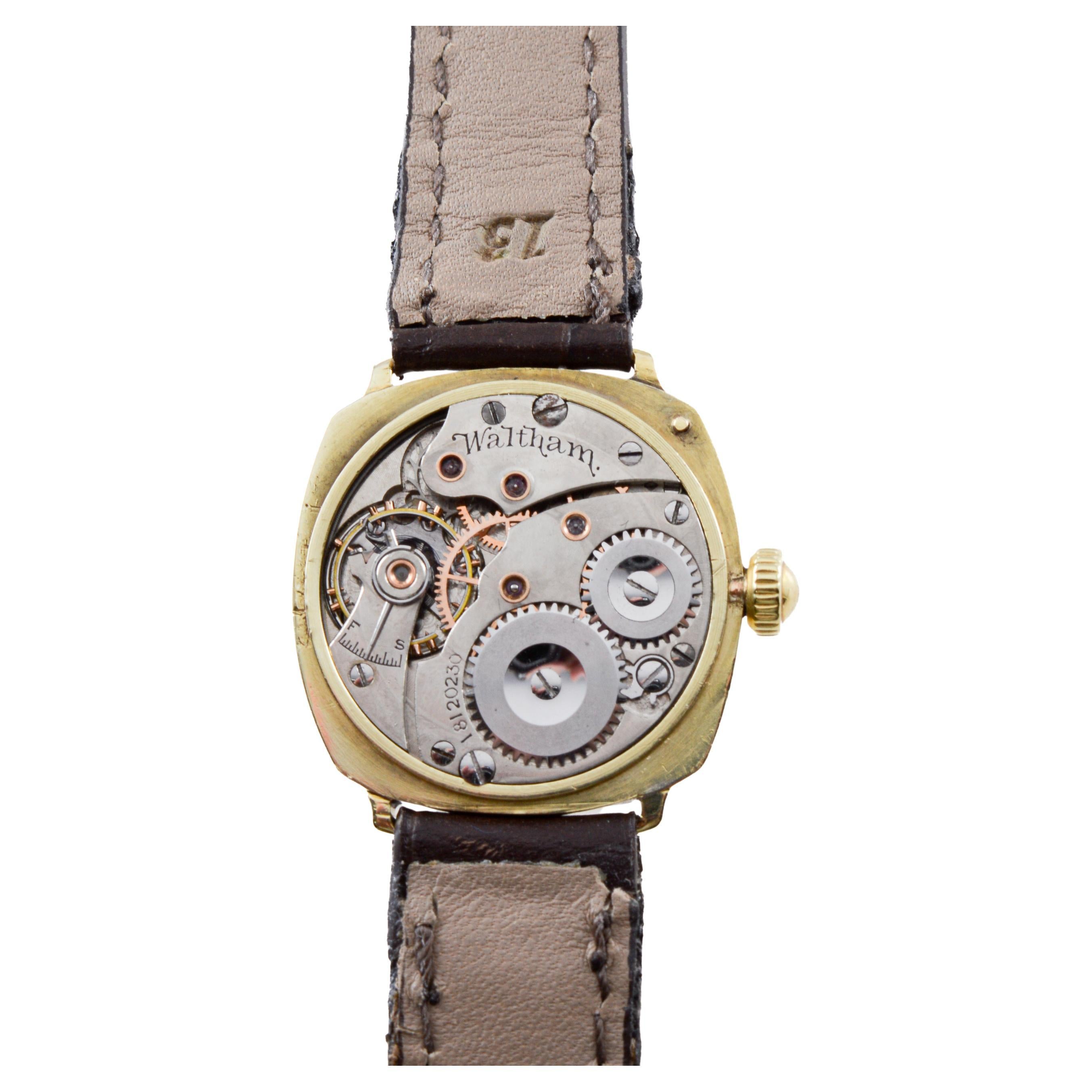 Waltham 14Kt Solid Gold Art Deco Cushion Shape Watch from 1911 Applied Numerals For Sale 8