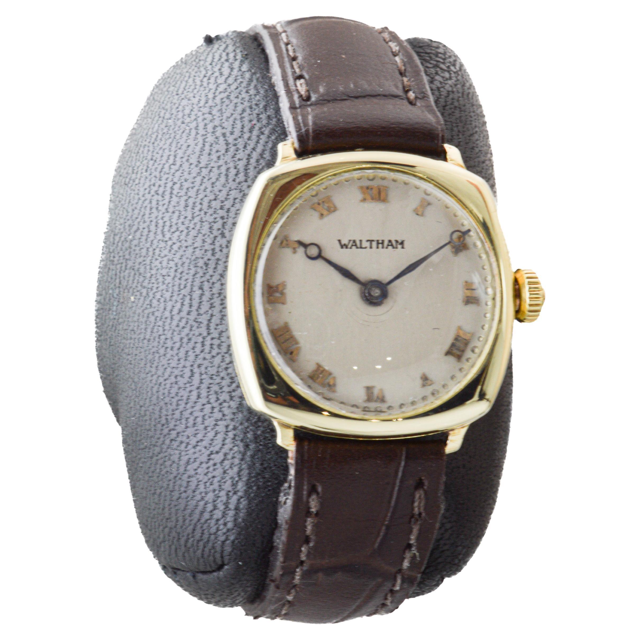 FACTORY / HOUSE: Waltham Watch Company
STYLE / REFERENCE: Art Deco / Cushion Shape
METAL / MATERIAL: 14Kt Solid Gold
CIRCA / YEAR: 1911
DIMENSIONS / SIZE: Length 28mm X Width 24mm
MOVEMENT / CALIBER: Manual Winding / 17 Jewels / High Grade Caliber