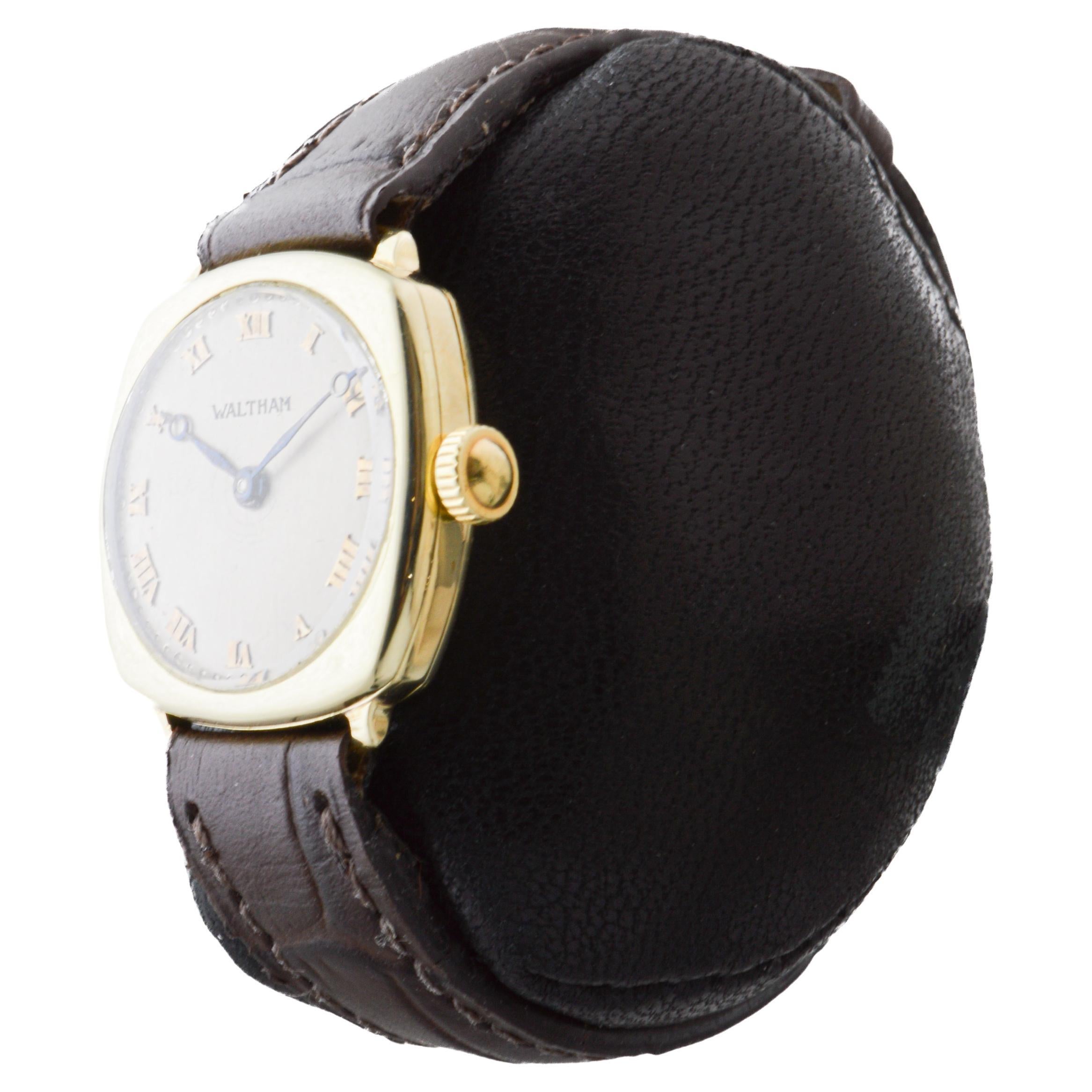 Women's or Men's Waltham 14Kt Solid Gold Art Deco Cushion Shape Watch from 1911 Applied Numerals For Sale
