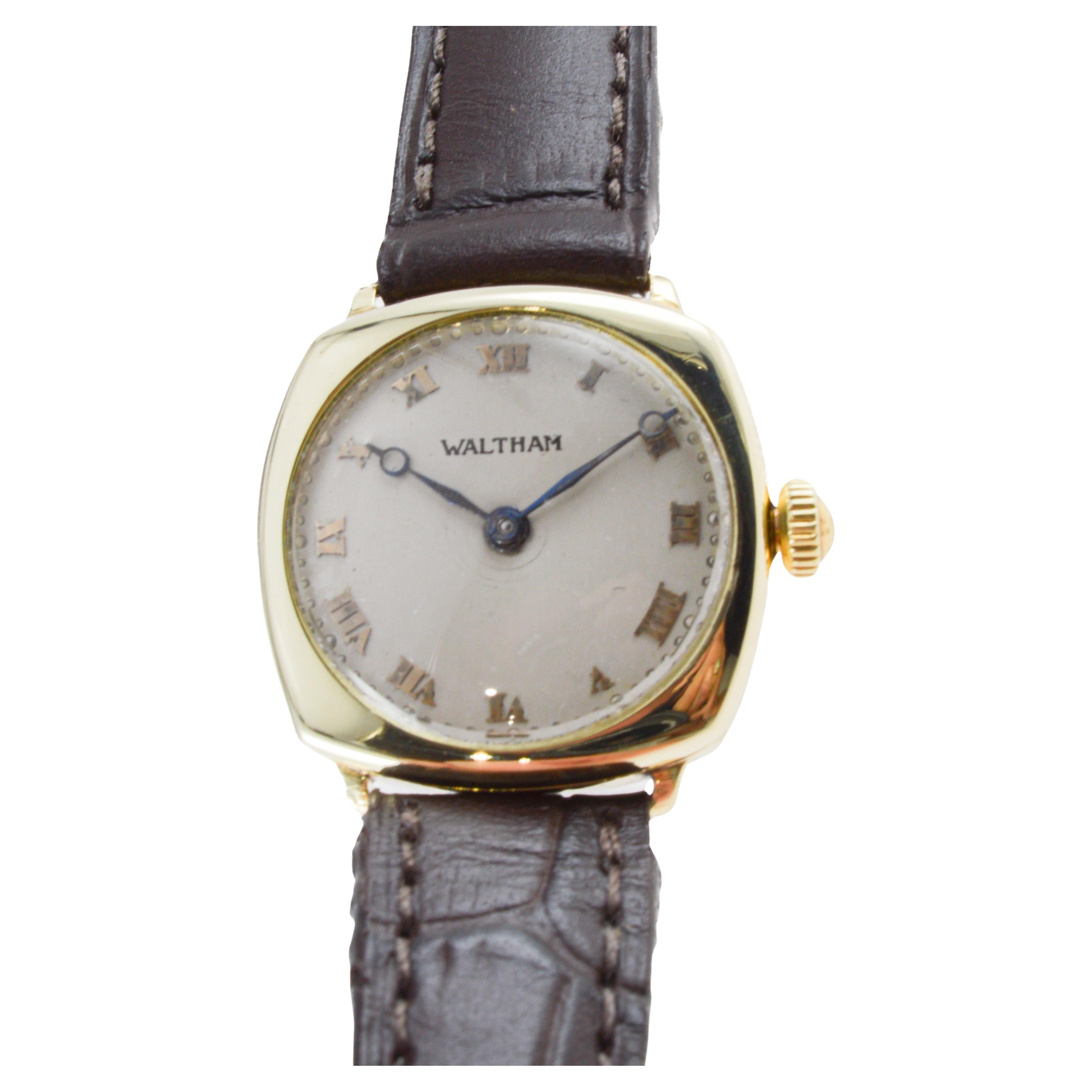 Waltham 14Kt Solid Gold Art Deco Cushion Shape Watch from 1911 Applied Numerals For Sale 1