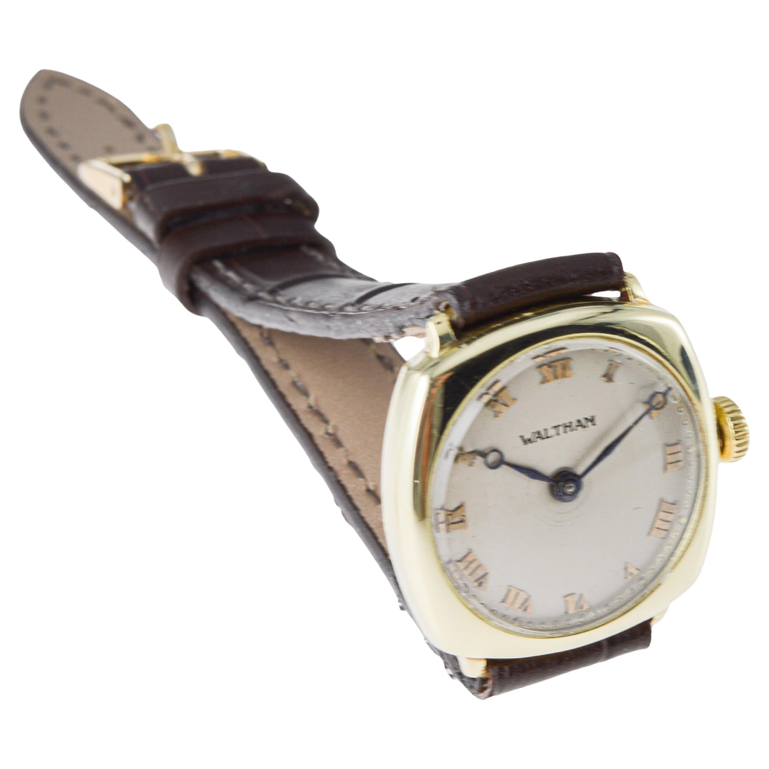 Waltham 14Kt Solid Gold Art Deco Cushion Shape Watch from 1911 Applied Numerals For Sale 2