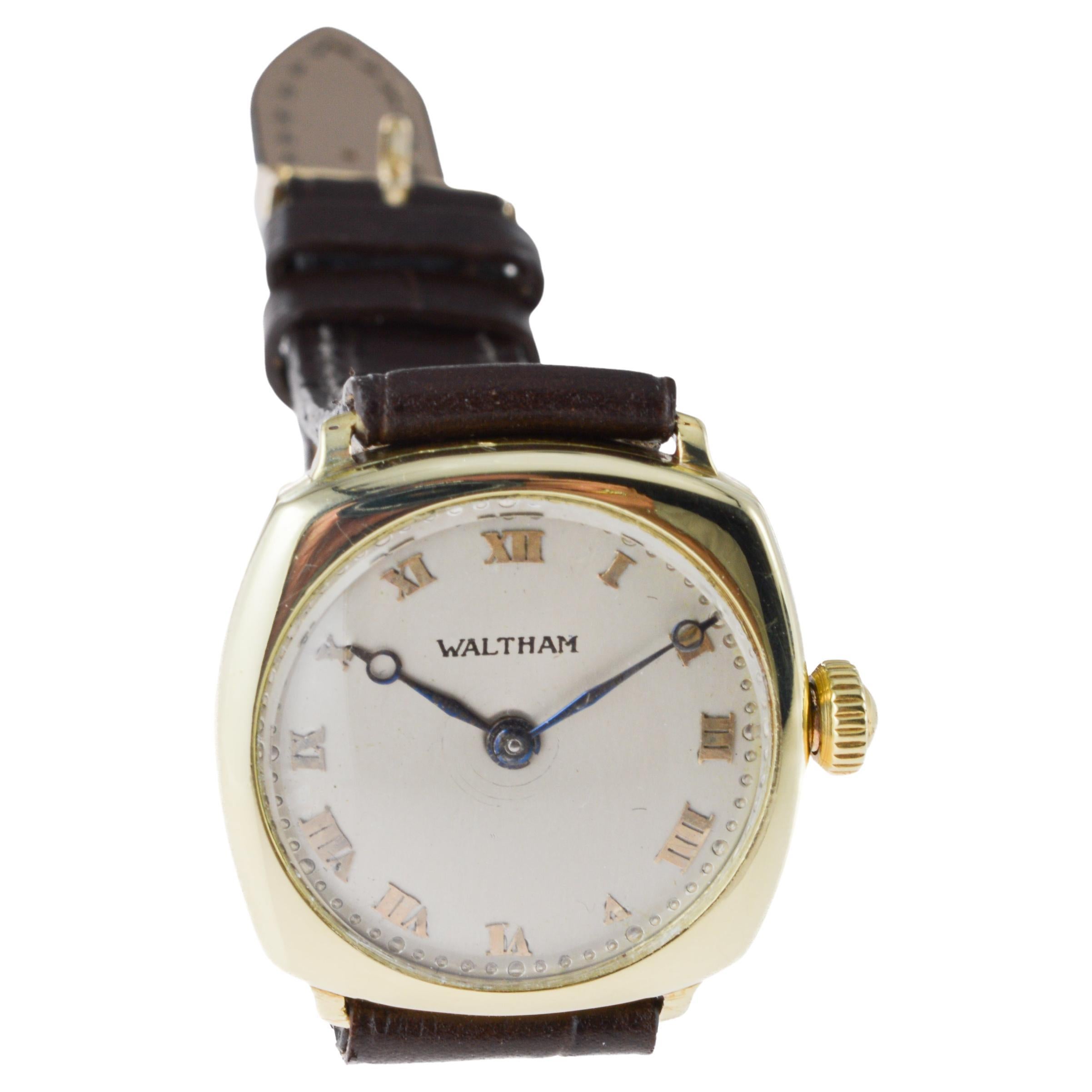 Waltham 14Kt Solid Gold Art Deco Cushion Shape Watch from 1911 Applied Numerals For Sale 3