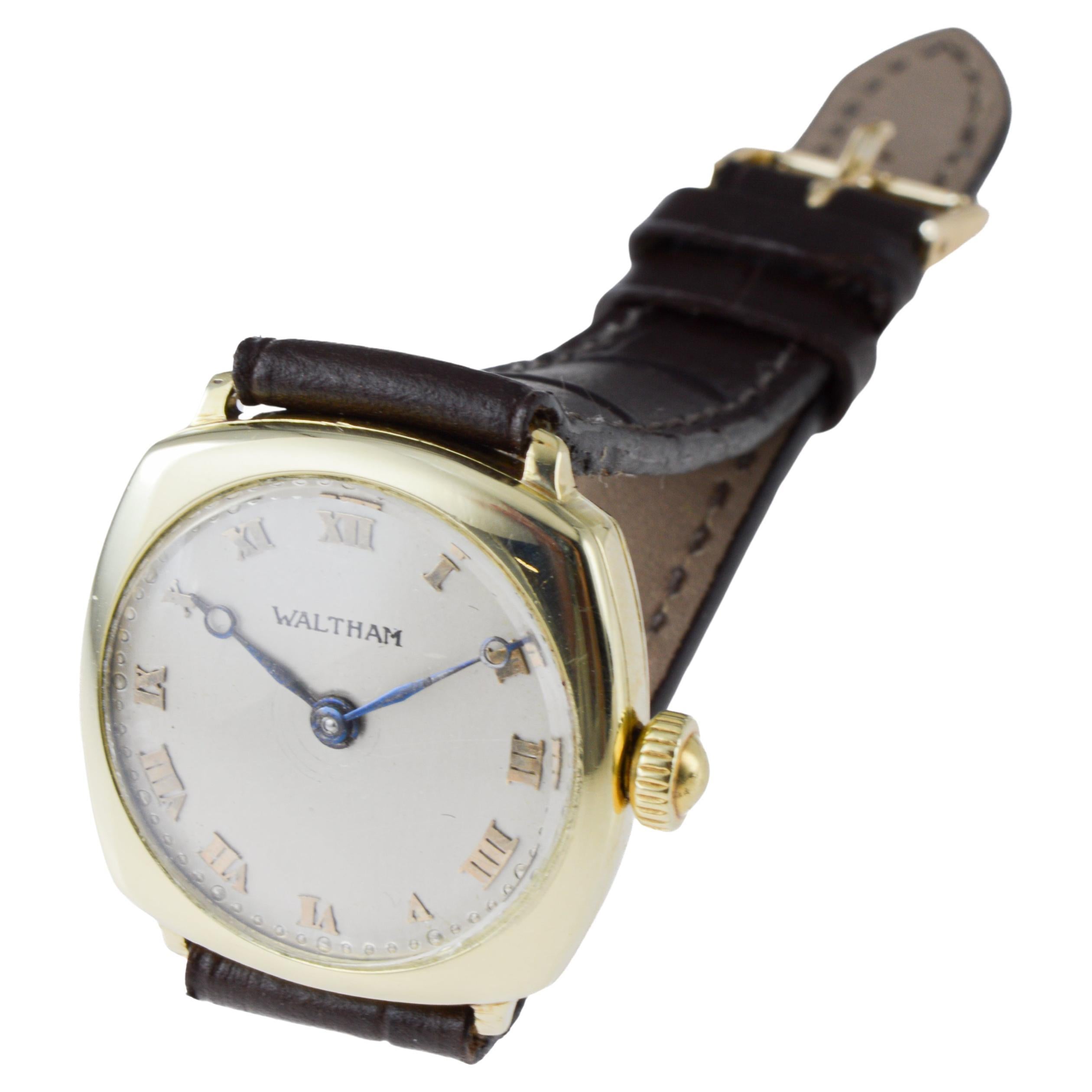 Waltham 14Kt Solid Gold Art Deco Cushion Shape Watch from 1911 Applied Numerals For Sale 4