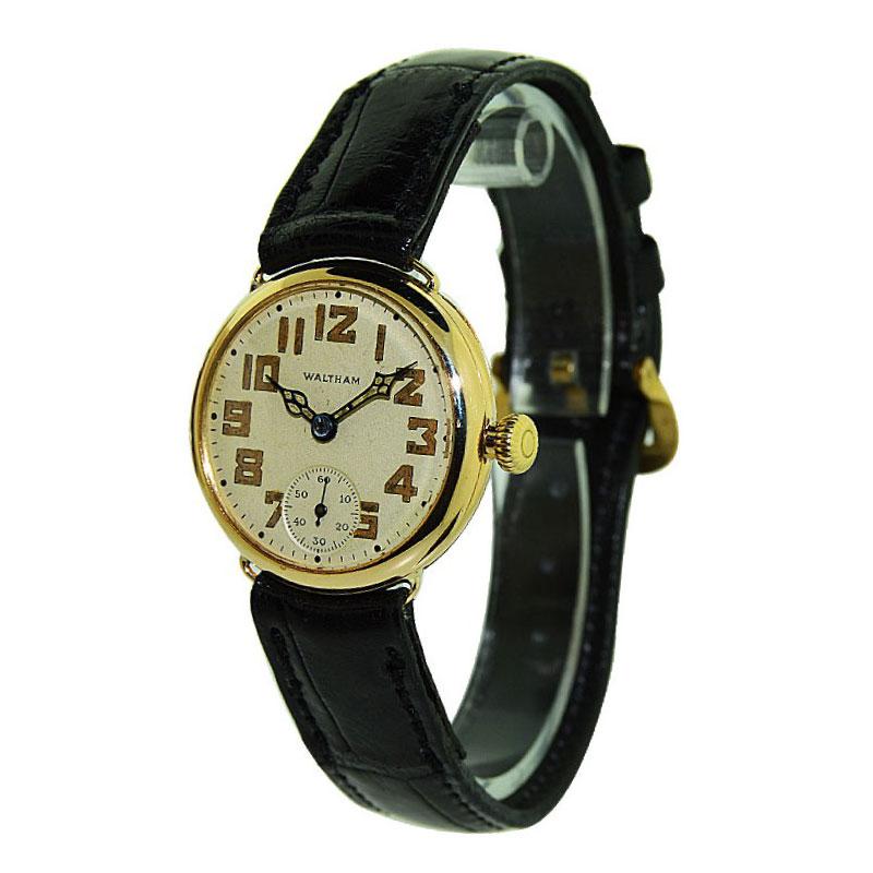 FACTORY / HOUSE: Waltham Watch Company
STYLE / REFERENCE: Military Campaign Style
METAL / MATERIAL: 14kt Solid Gold
CIRCA YEAR: 1910
DIMENSIONS: 30mm X 28mm
MOVEMENT / CALIBER: Manual Winding / 15 Jewels
DIAL / HANDS: Original Silvered with Arabic