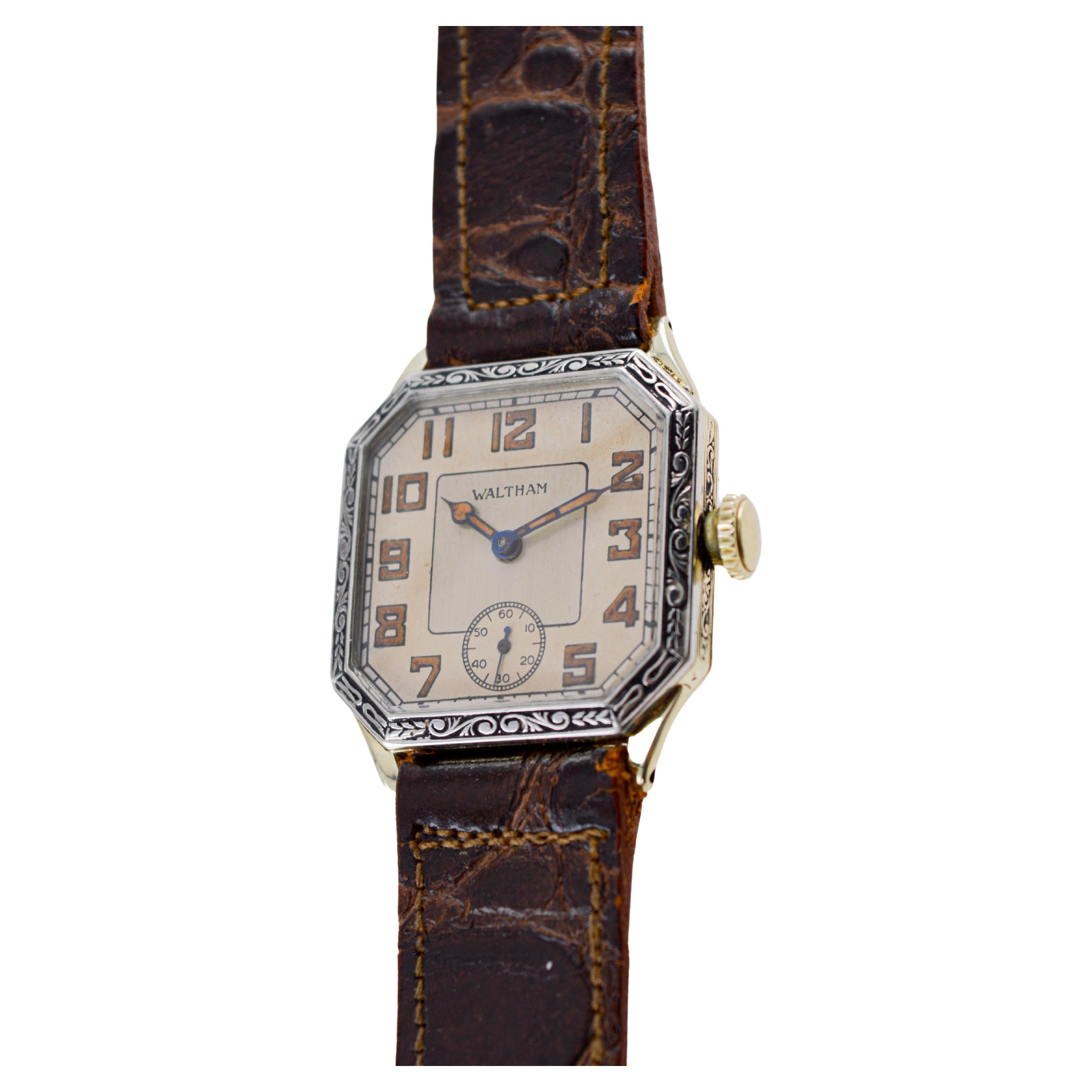 FACTORY / HOUSE: Waltham Watch Company
STYLE / REFERENCE: Art Deco Octagon 
METAL / MATERIAL: 14Kt Two Tone Solid Gold 
CIRCA / YEAR: 1927
DIMENSIONS / SIZE: 34mm Length X 27mm Width
MOVEMENT / CALIBER: Manual Winding / 15 Jewels / Caliber Sapphire