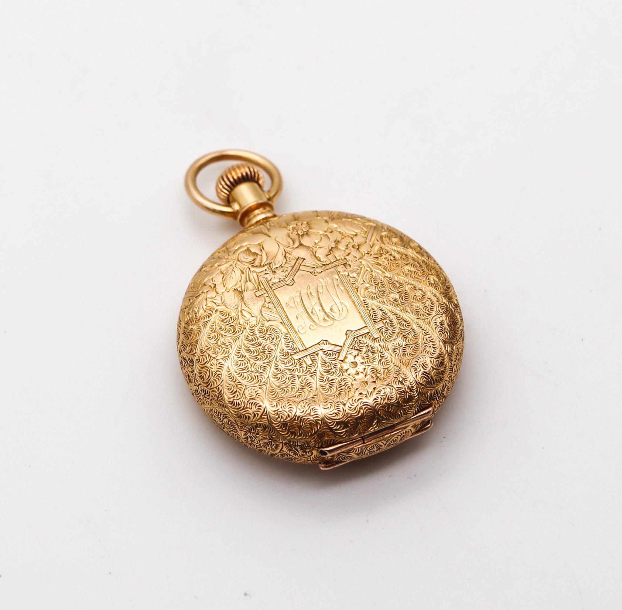 Waltham 1886 Riverside Size 0s Hunting Pocket Watch In 18Kt Gold With Diamond In Excellent Condition For Sale In Miami, FL