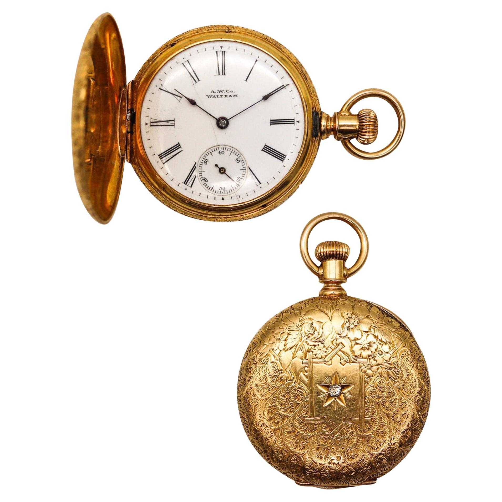 Waltham 1886 Riverside Size 0s Hunting Pocket Watch In 18Kt Gold With Diamond For Sale