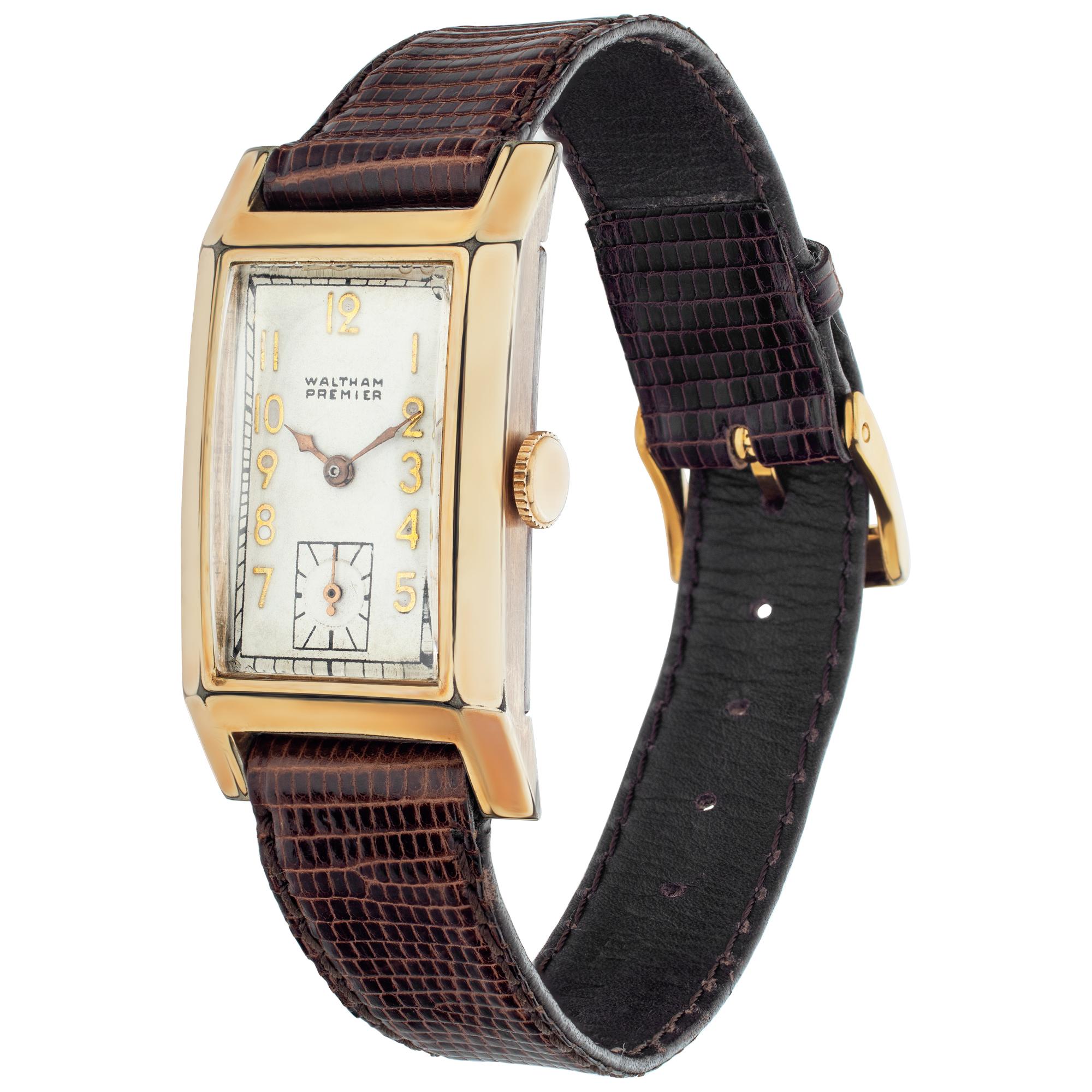 Waltham in gold fill on leather strap. Manual w/ subseconds. 19.5 mm case size. Circa 1935 Fine Pre-owned Waltham Watch. Certified preowned Vintage Waltham watch on a Brown Leather band with a Gold Fill Two Piece buckle. This Waltham watch has a
