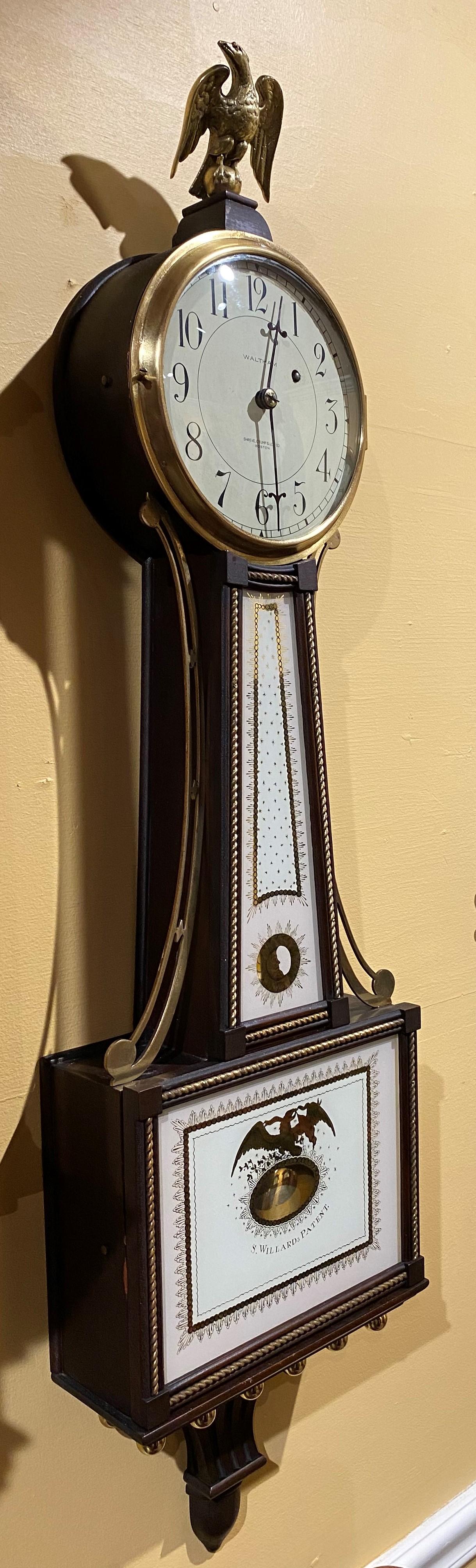 Brass Waltham 8 Day Banjo Clock for Shreve Crump and Low, Simon Willard Patent For Sale