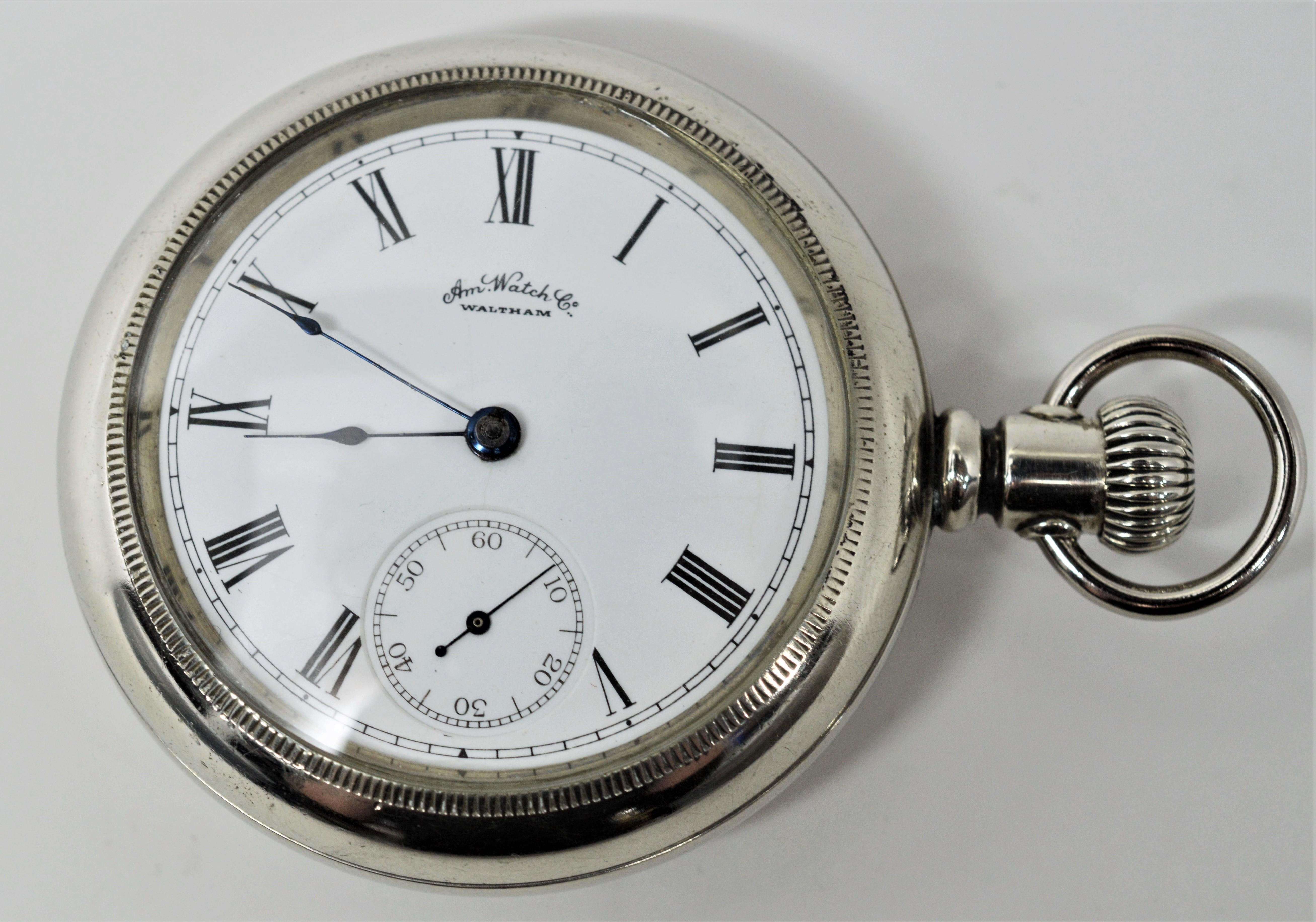 Circa 1902, Stainless Steel Waltham American Watch Co. Display Back Pocket Watch , Serial #1131634, 58 mm. Outfitted with a display back to view the beautifully engineered acid etched 7 jeweled movement in action. Roman numerals on flawless white