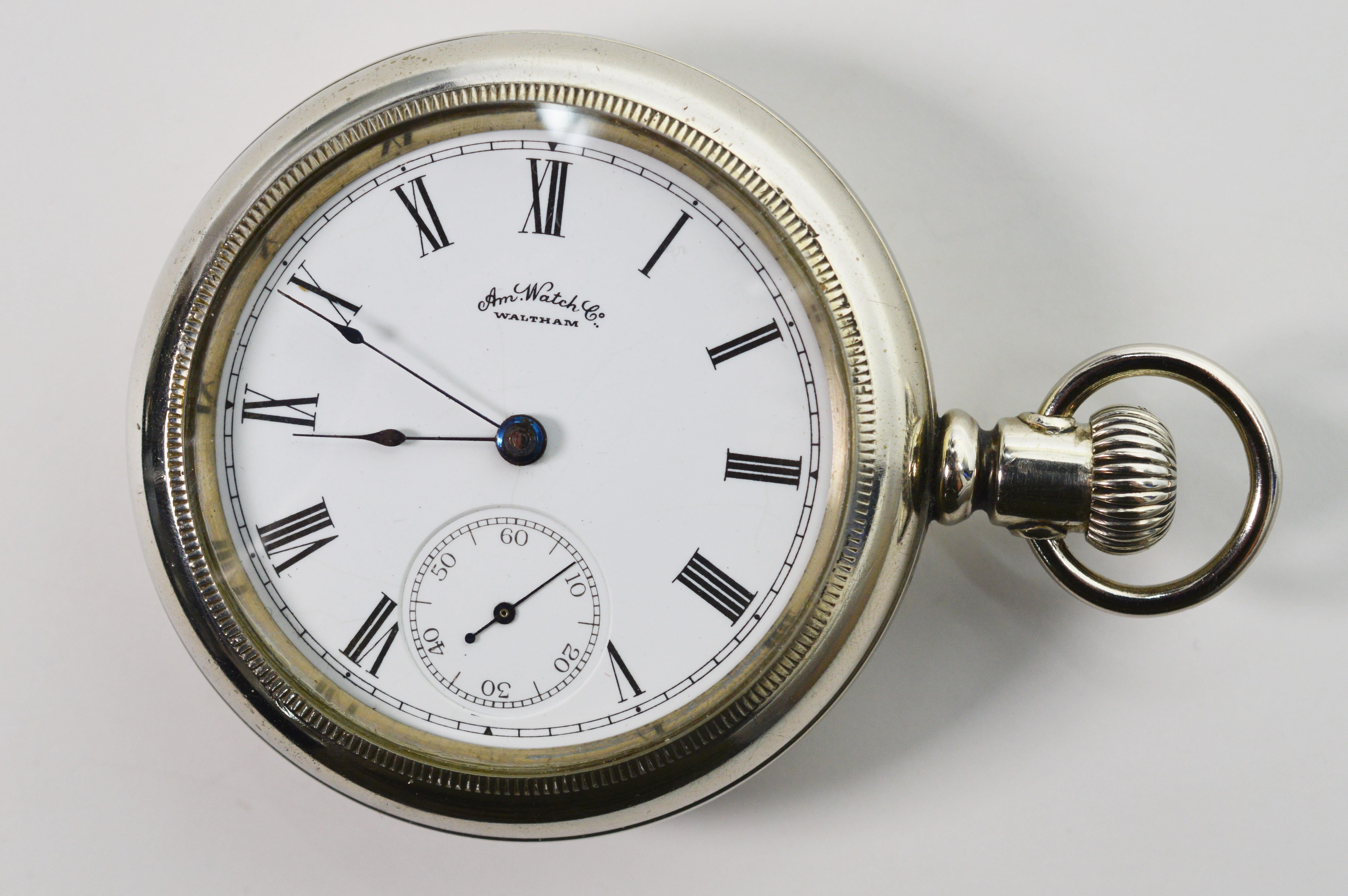 Waltham American Watch Company Stainless Steel Display Back Pocket Watch In Good Condition In Mount Kisco, NY
