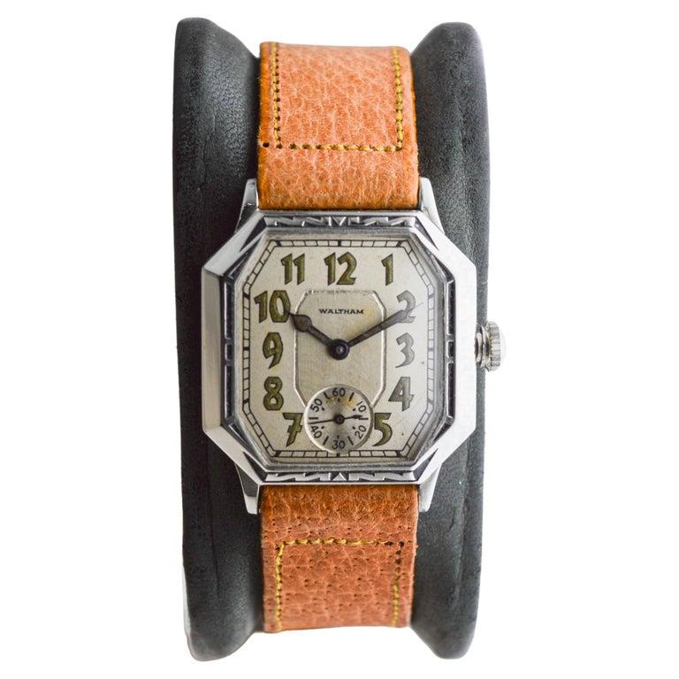 Waltham Art Deco White Gold Filled with Original Dial Original Strap and Buckle In Excellent Condition For Sale In Long Beach, CA
