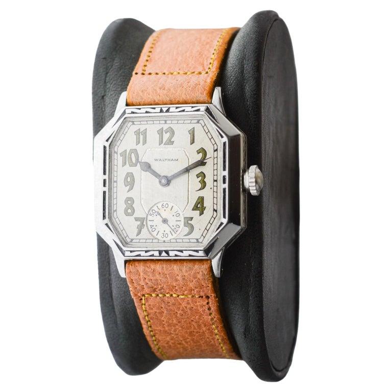 Women's or Men's Waltham Art Deco White Gold Filled with Original Dial Original Strap and Buckle For Sale