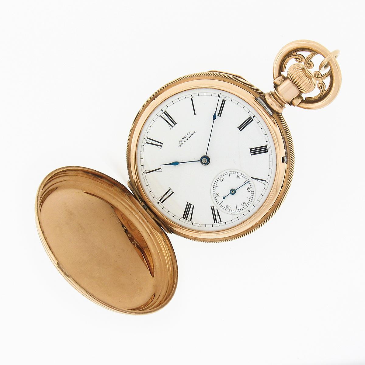 Women's or Men's Waltham A.W. Co. Pocket Watch in Detailed Nature Themed Engraved 14k Yellow Gold